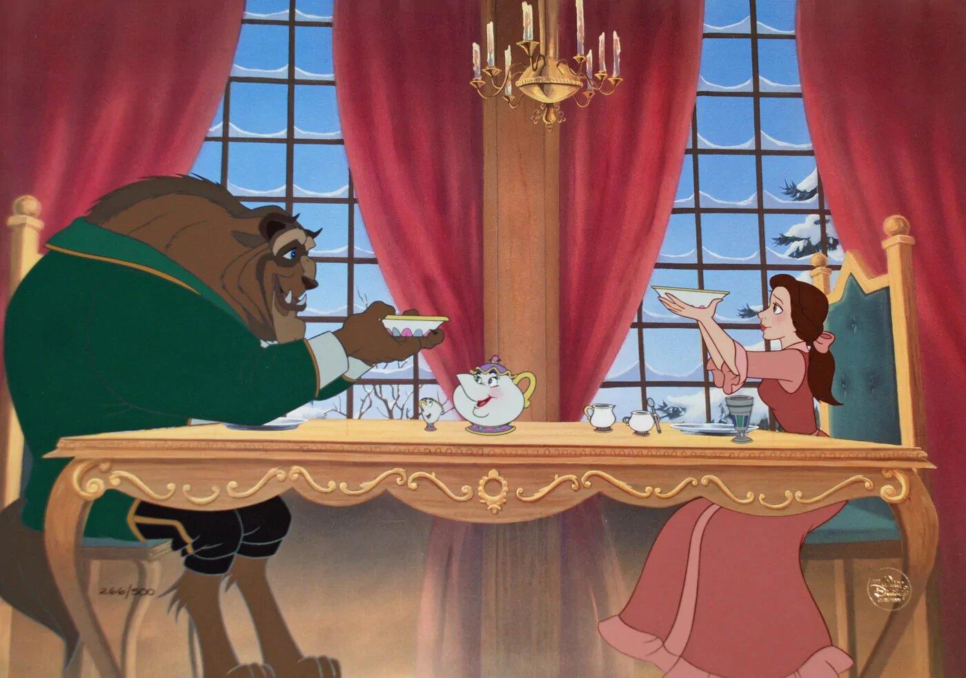 La beauté et la bête, déjeuner pour deux : Édition limitée de la Cel peinte à la main - Art de Walt Disney Studio Artists