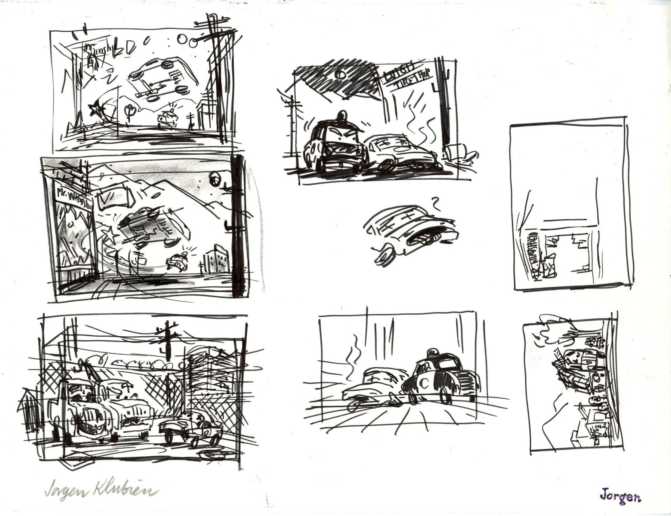 Cars Original Storyboard Concept Drawing: Mater and Lightning McQueen - Art by Jorgen Klubien