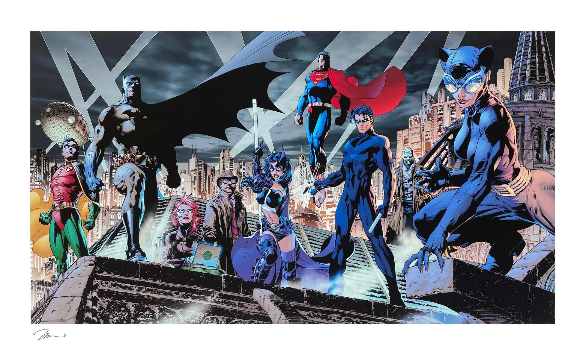 MEDIUM:  Giclée on Canvas
SIZE: 42" x 23.5"
EDITION SIZE: 100
SIGNED: Jim Lee
SKU: ﻿ CP1330D

DESCRIPTION:  Taken from the renown series Batman: Hush, which premiered in 2001, "Heroes" is one of the two triple-gate-fold comic book covers for Batman