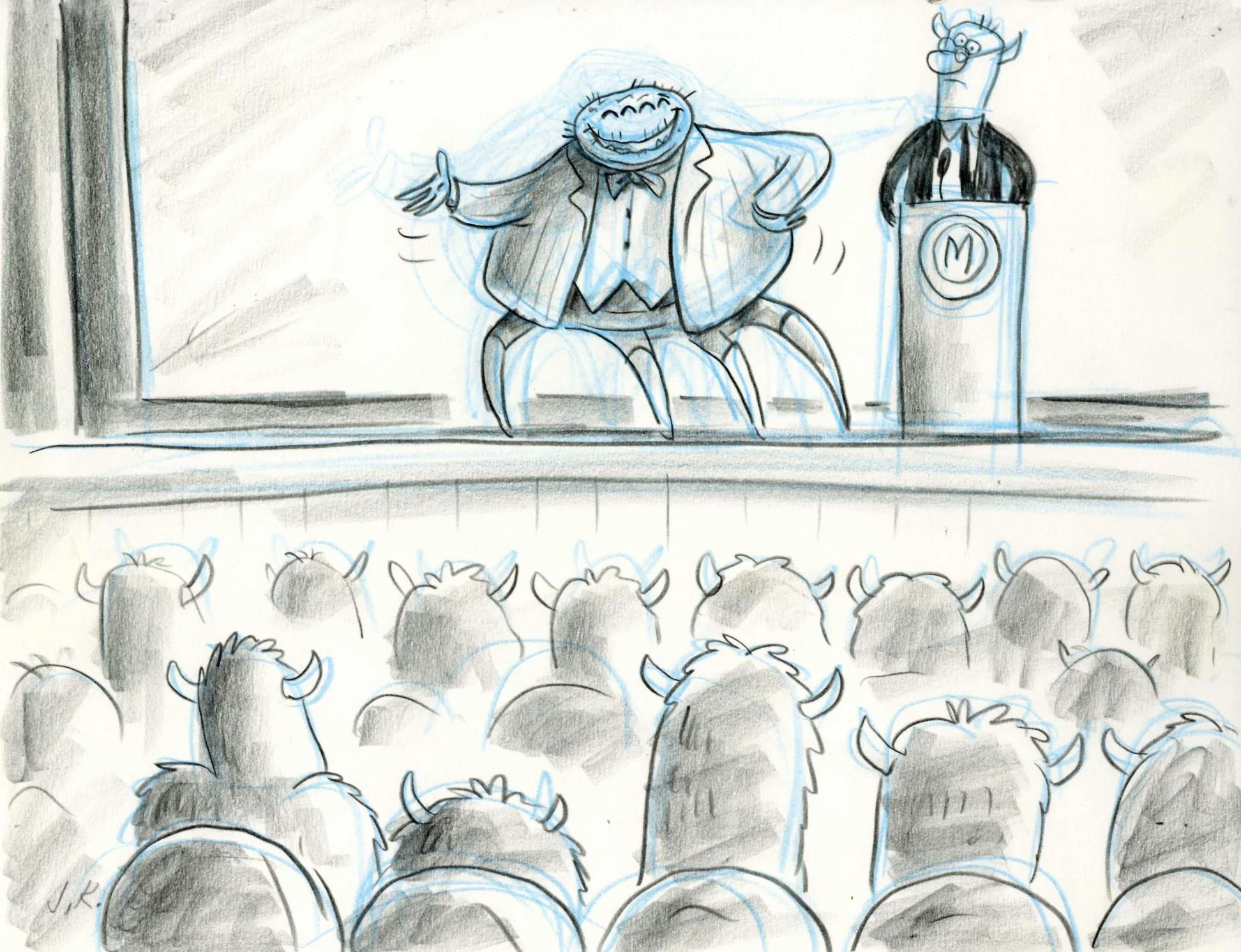 Monster's Inc Storyboard Drawing: Sully and Mike in Audience - Art by Jorgen Klubien