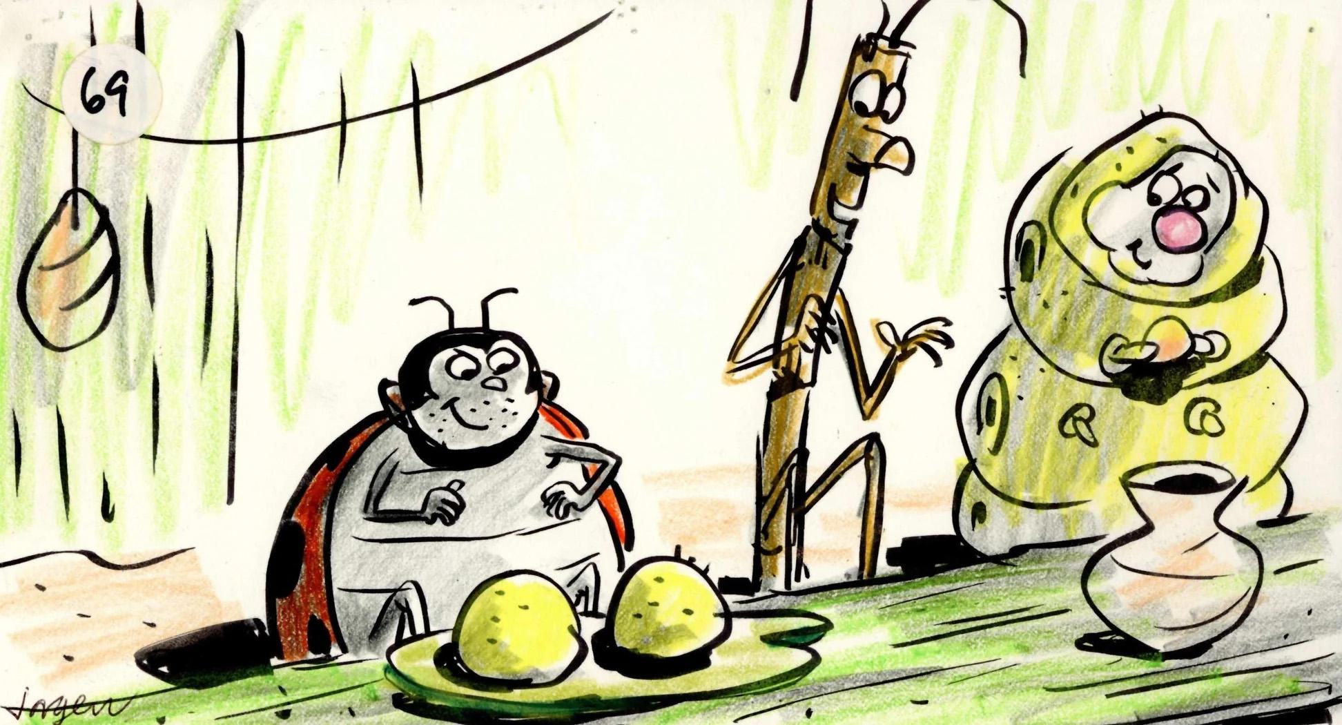 A Bug's Life Storyboard Drawing: Heimlich, Slim and Francis - Art by Jorgen Klubien