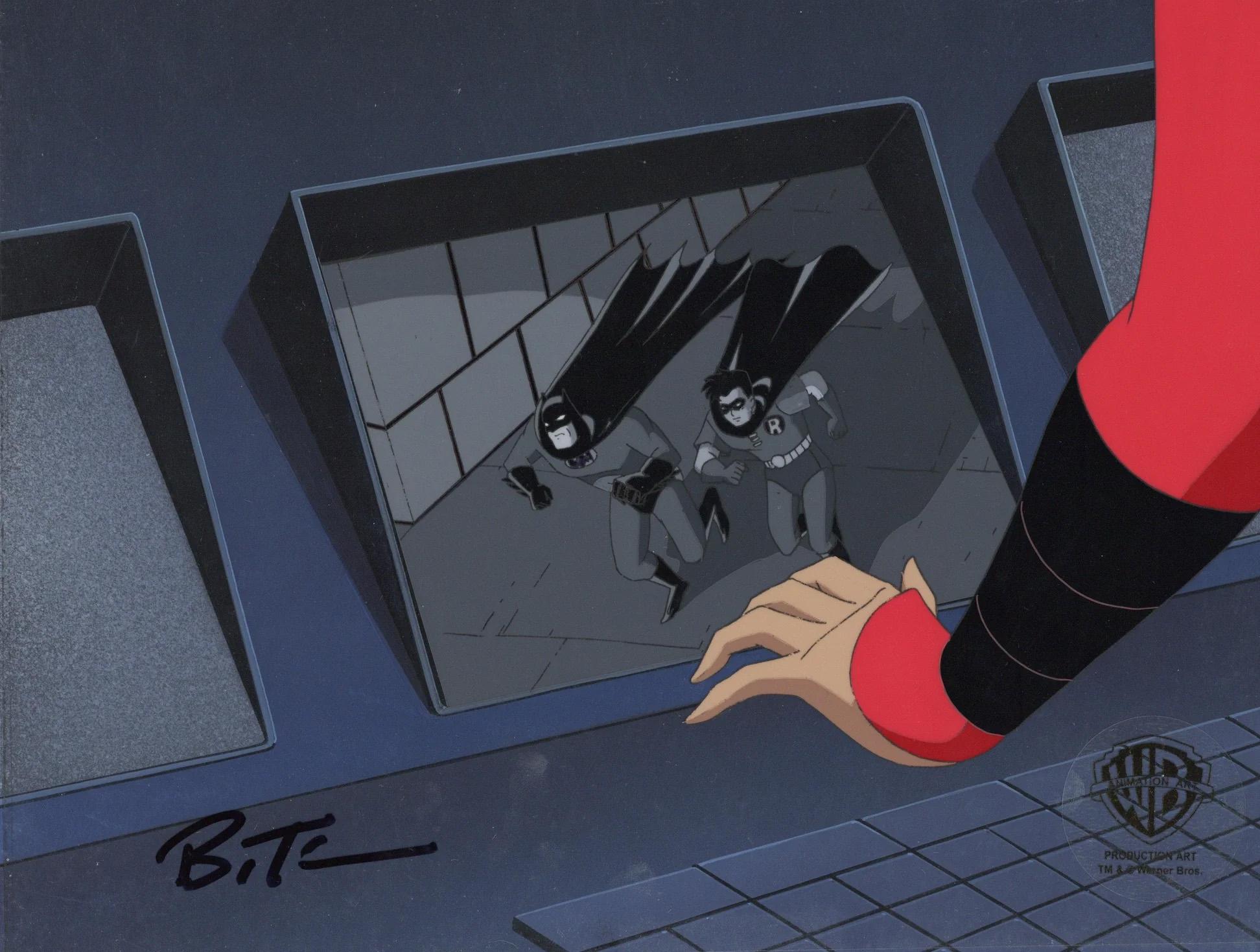 Batman Original Cel On Original Background signed by Bruce Timm: Batman, Robin - Art by Warner Bros. Studio Artists