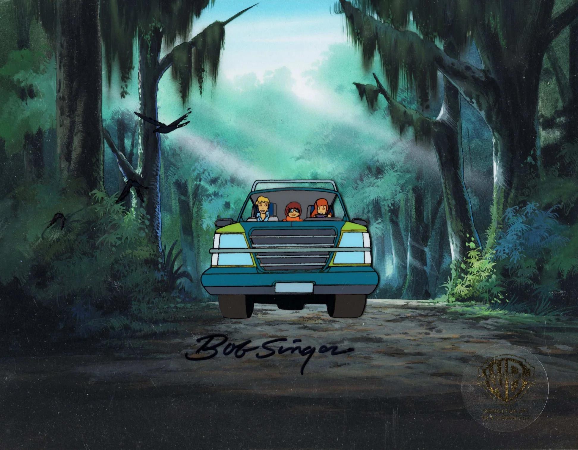 Scooby-Doo Original Cel on Background: Fred, Velma, Daphne signed by Bob Singer - Art by Warner Bros. Studio Artists