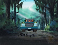 Used Scooby-Doo Original Cel on Background: Fred, Velma, Daphne signed by Bob Singer