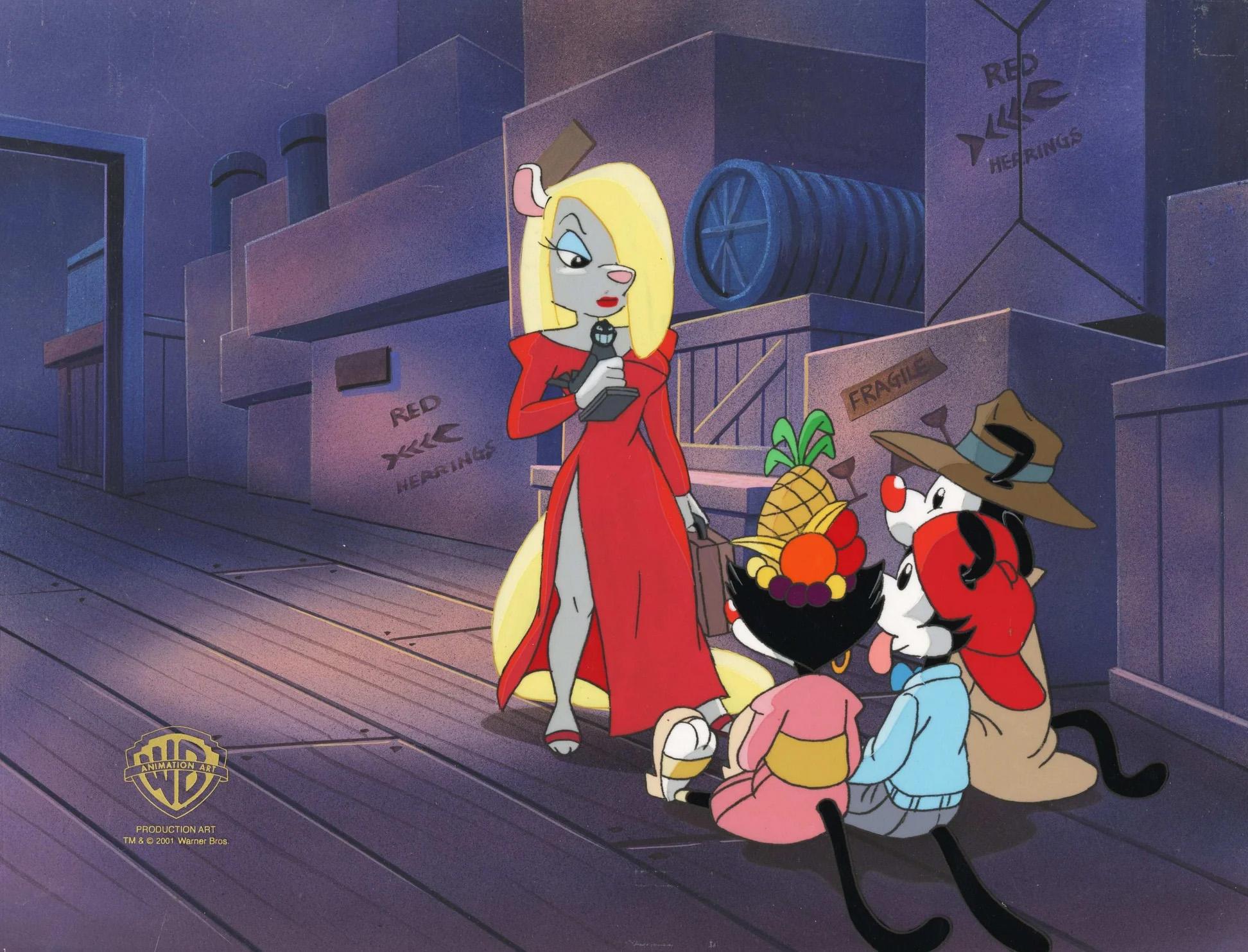 Cel d'origine Animaniacs sur fond peint à la main : Yakko, Wakko, Dot, Minerva - Art de Warner Bros. Studio Artists