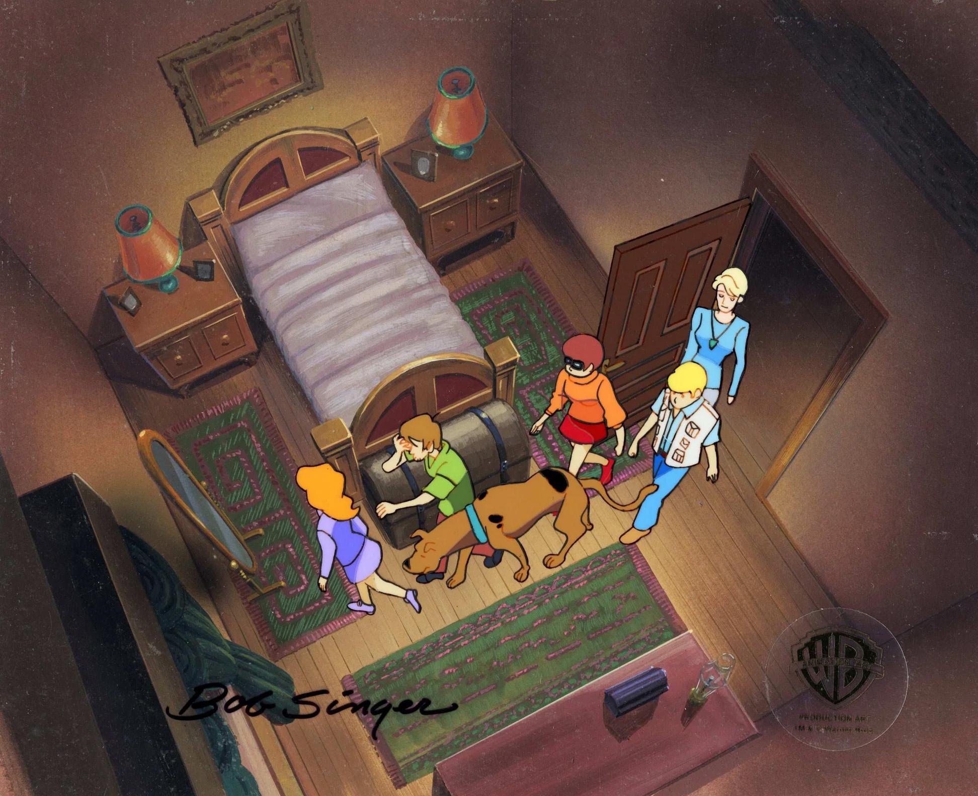 Scooby-Doo Original Cel / Background: Mystery Gang/Mrs. Lenoir signed Bob Singer - Art by Warner Bros. Studio Artists