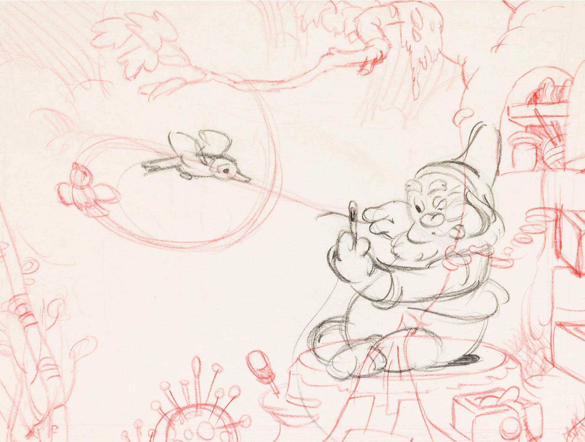 Snow White and the Seven Dwarfs Happy Storyboard/Layout Drawing - Art by Walt Disney Studio Artists