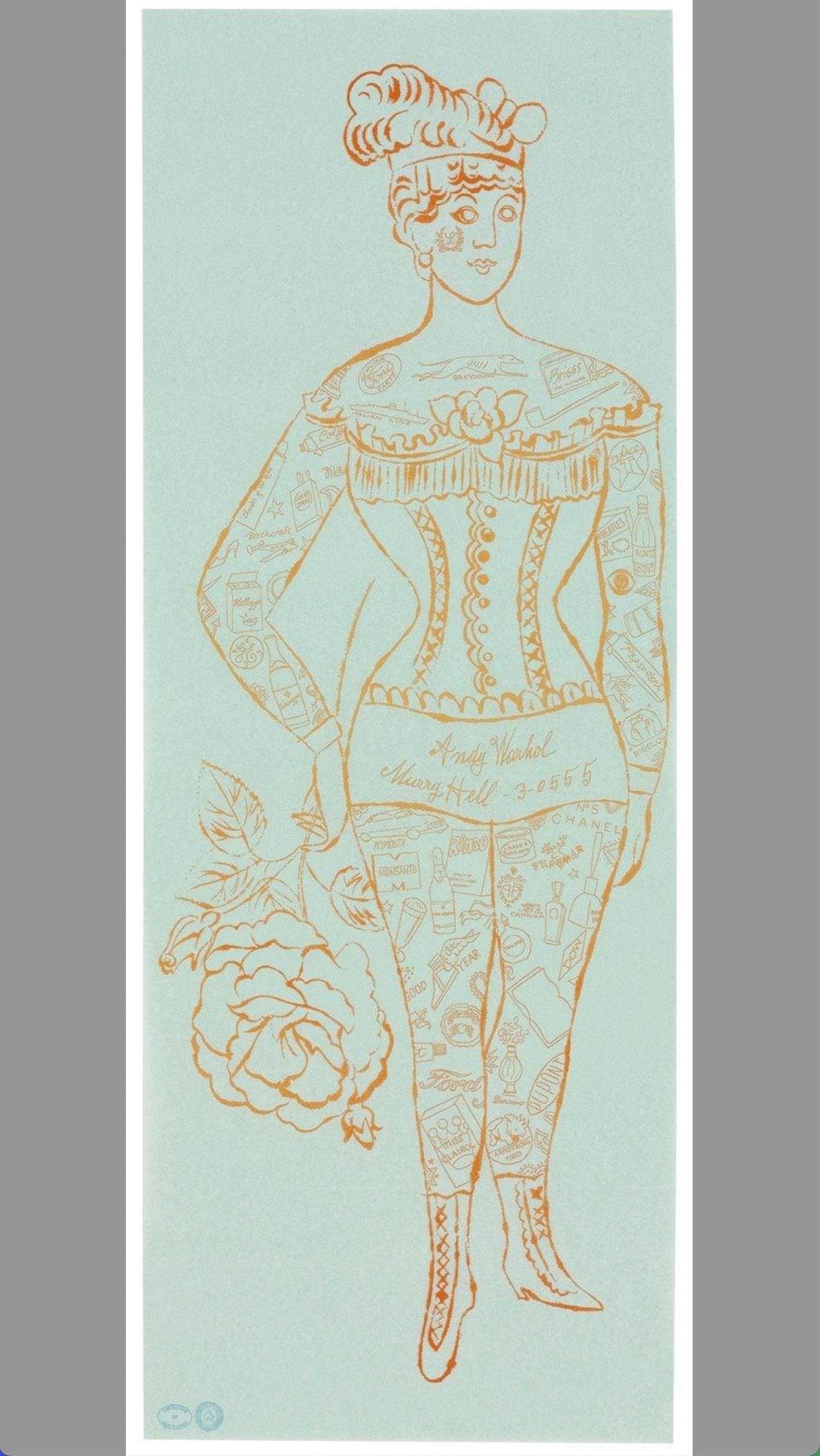 Tattooed Woman Holding Rose
MEDIUM:  ﻿Fine Art Lithograph on Paper
IMAGE SIZE: 11" x 29"
EDITION SIZE: Unknown
ARTIST: Andy Warhol

DESCRIPTION: Tattoo Ladies served as Andy Warhol's calling card in 1955.  He used this piece as his business card and
