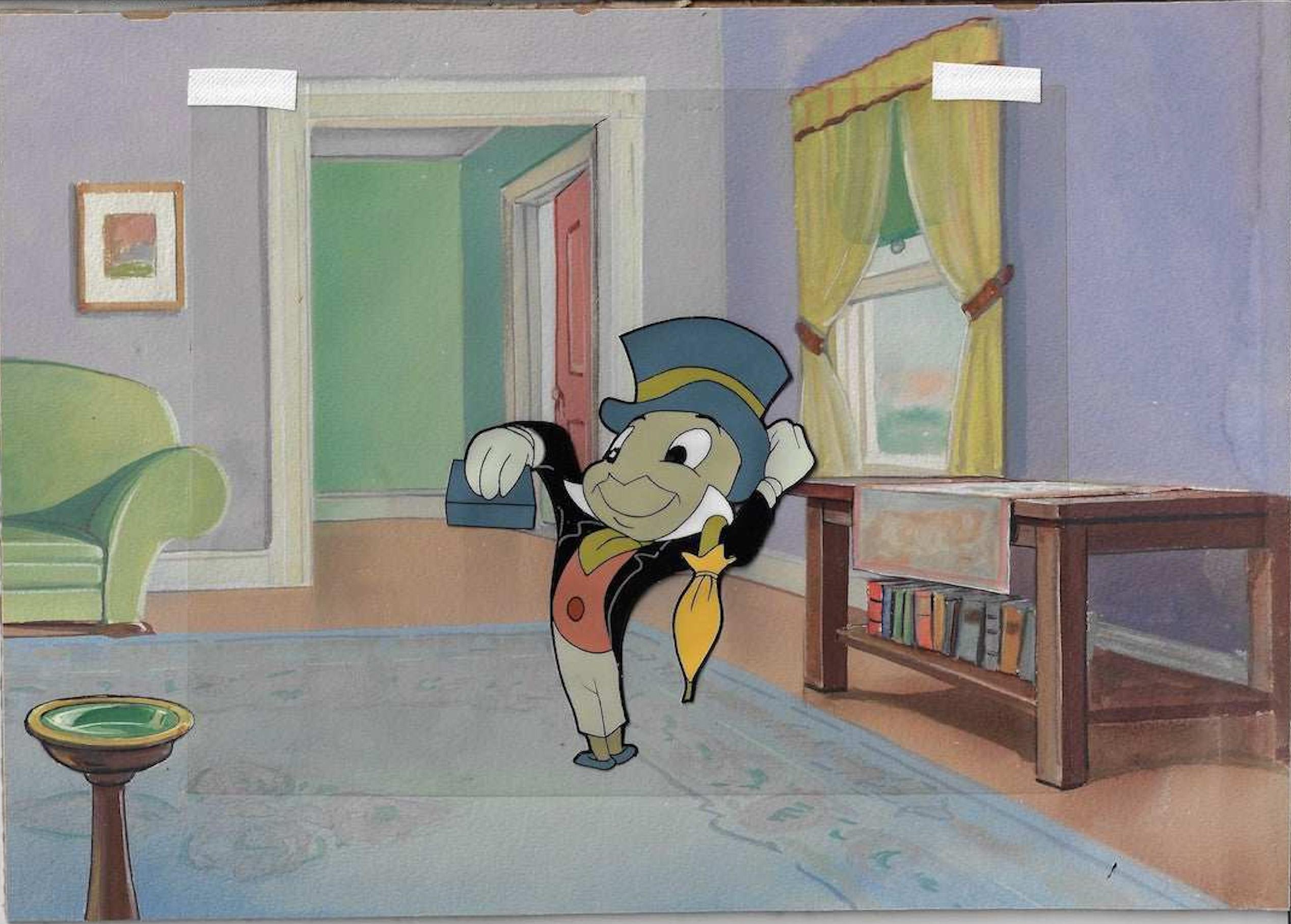 Jiminy Cricket Original Produktionscel auf bedrucktem Hintergrund – Art von Walt Disney Studio Artists