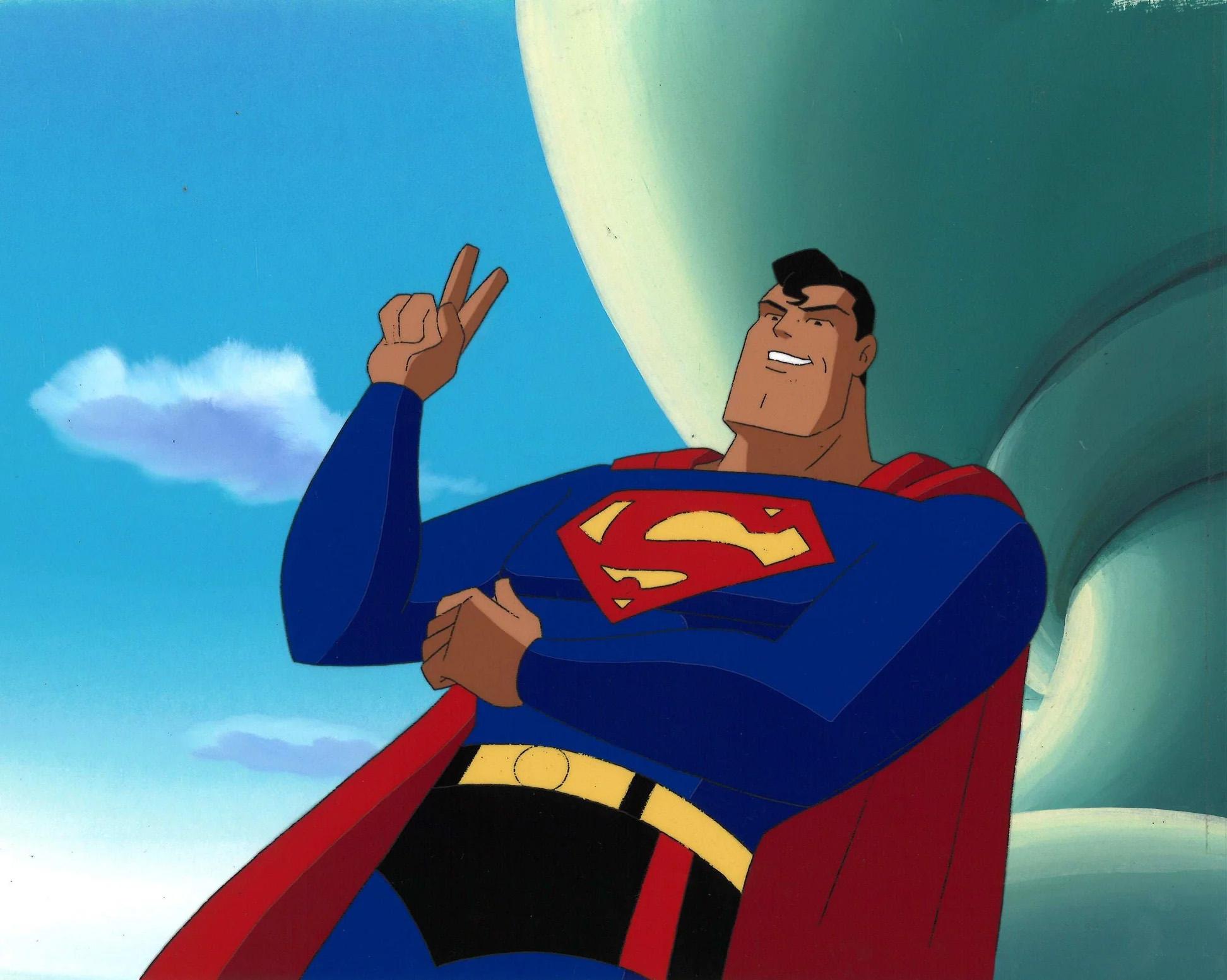 Superman the Animated Series Original Cel and Background w/ Drawing: Superman - Art by DC Comics Studio Artists