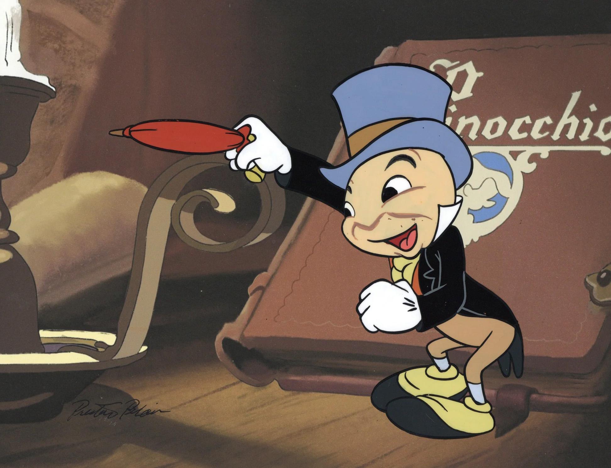 Jiminy Cricket Original Cel mit passender Zeichnung, signiert Preston Blair – Art von Walt Disney Studio Artists