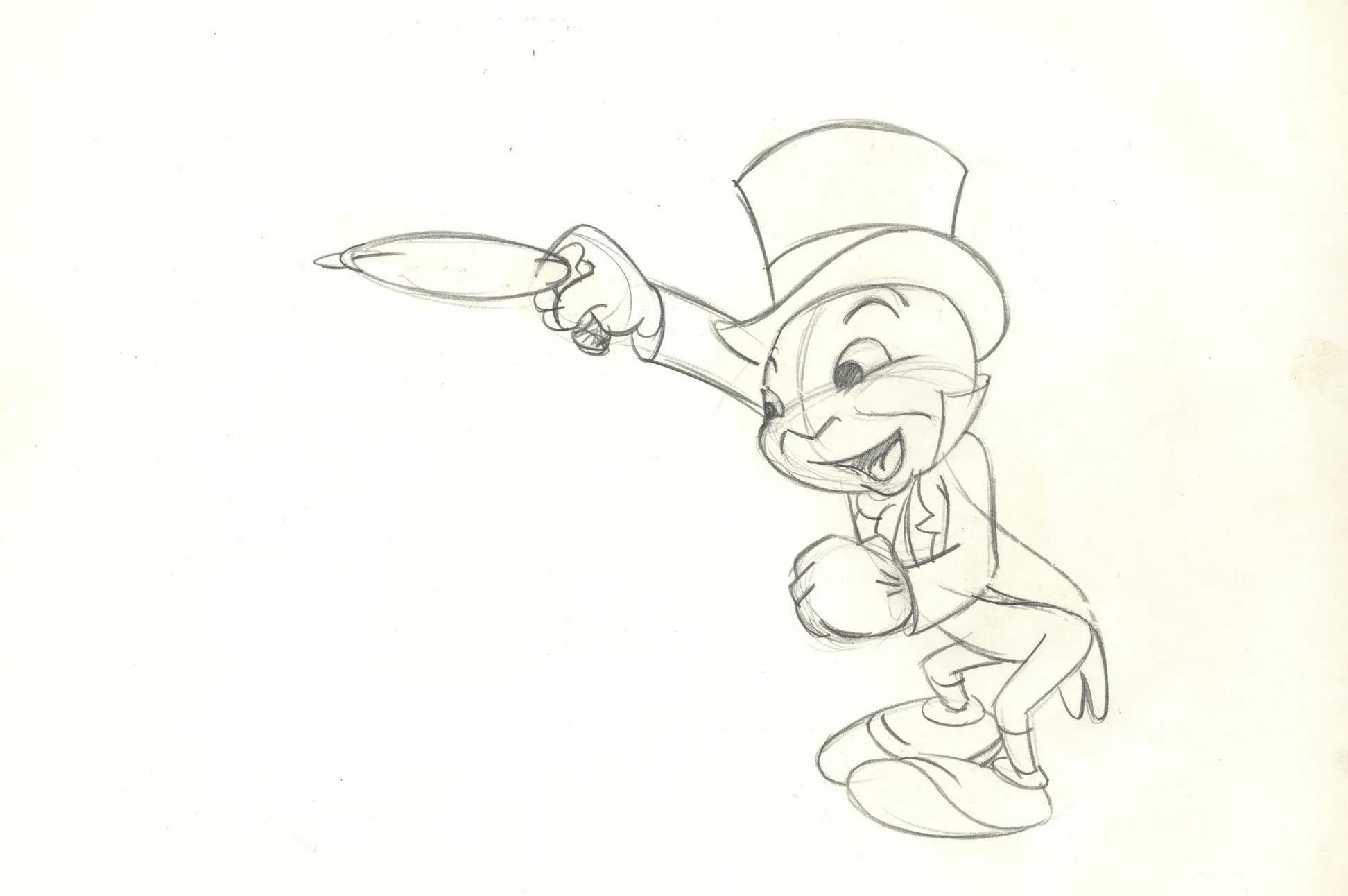 Jiminy Cricket Original Cel mit passender Zeichnung, signiert Preston Blair (Pop-Art), Art, von Walt Disney Studio Artists