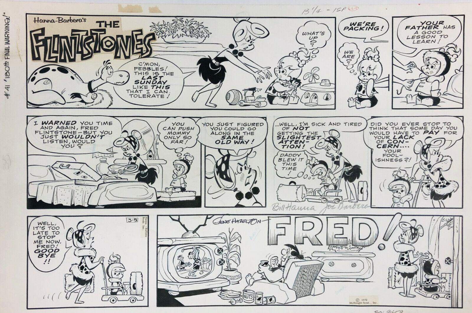 Original Syndicated Flintstone Comic Strip Signed By Hanna and Barbera - Art by Joseph Barbera and William Hanna
