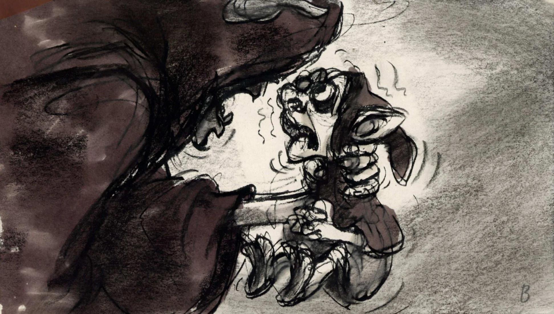 The Black Cauldron Storyboard Drawing: The Horned King and Creeper - Art by Walt Disney Studio Artists