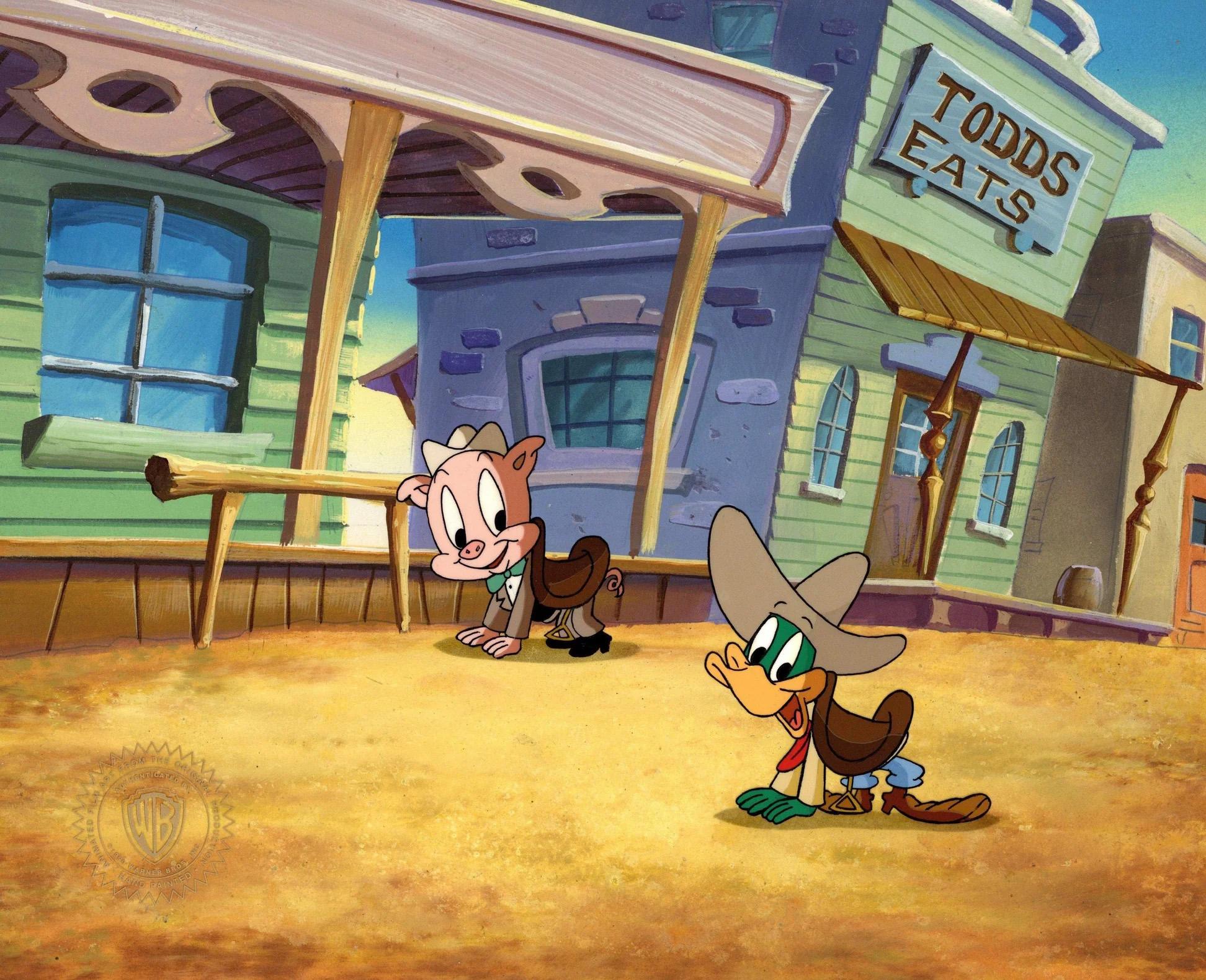Production Cel de Tiny Toons sur fond d'origine : Plucky Duck and Hamton J. Pig - Art de Warner Bros. Studio Artists