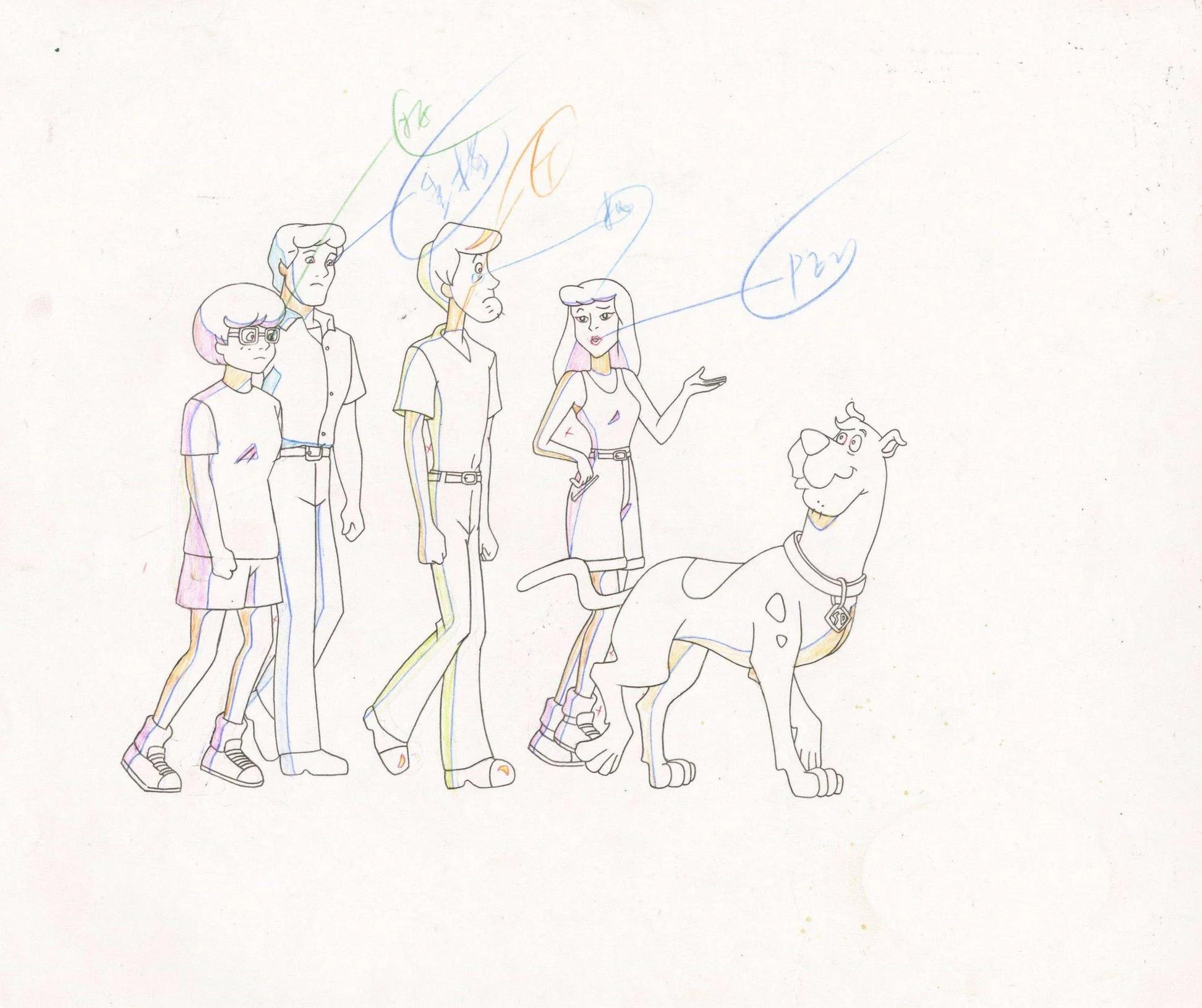 Cel de production Scooby Doo sur fond d'origine signée par Bob Singer avec dessin en vente 1