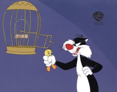 Vintage Sylvester and Tweety Mysteries Original Cel and Background: Sylvester and Tweety