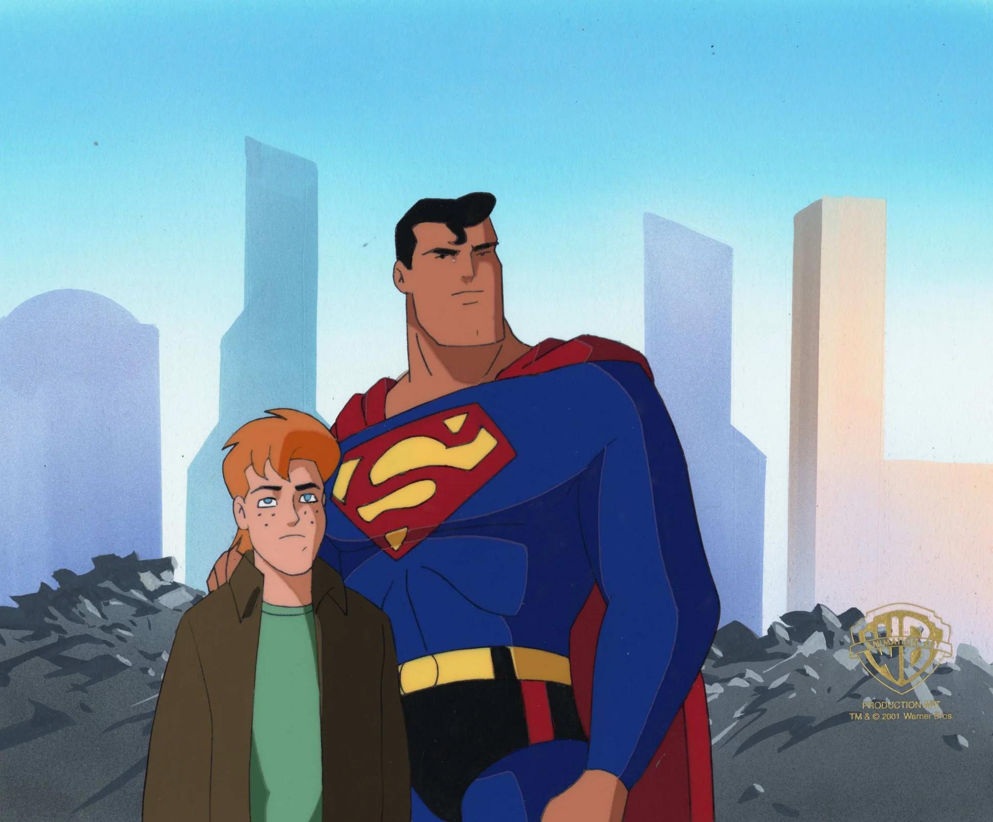 Superman Animated Series Original Cel/Background: Superman, Jimmy Olsen - Art by DC Comics Studio Artists