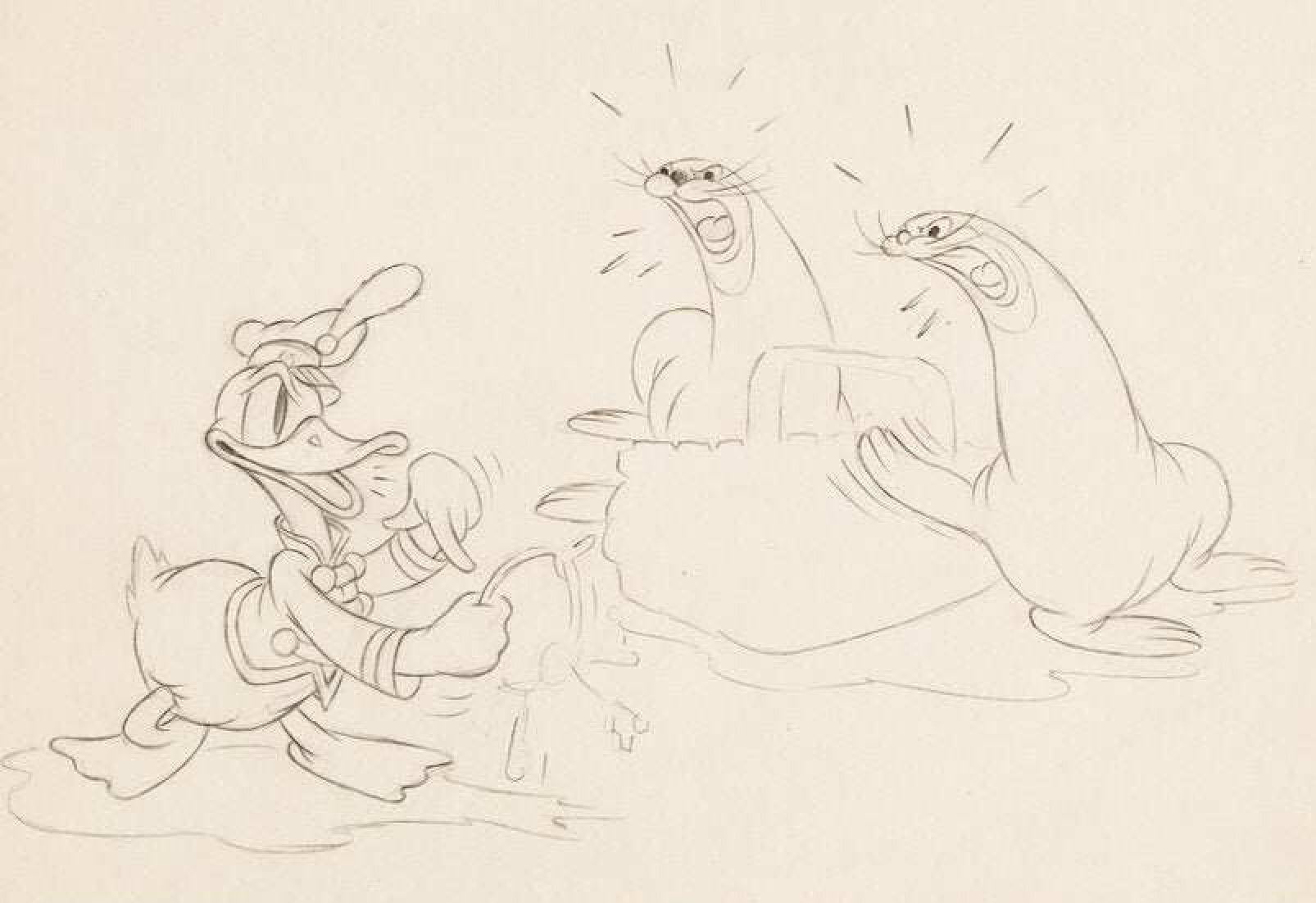 Mickey's Circus Original Produktionszeichnung aus dem Jahr 1936: Donald Duck und Seelöwen – Art von Walt Disney Studio Artists