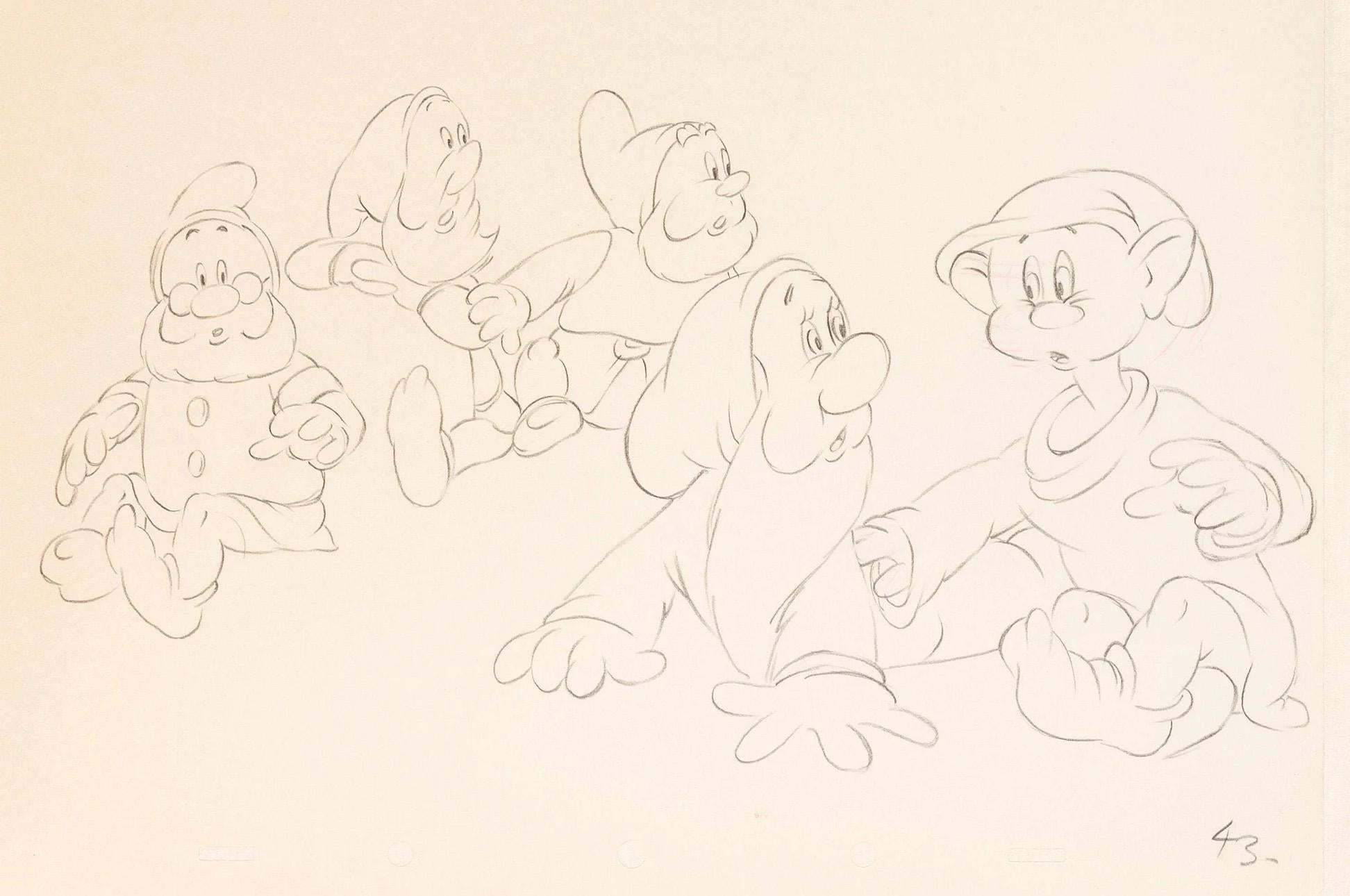 Snow White and the Seven Dwarfs Drawaing: Doc, Sneezy, Happy, Bashful, Dopey - Art by Walt Disney Studio Artists