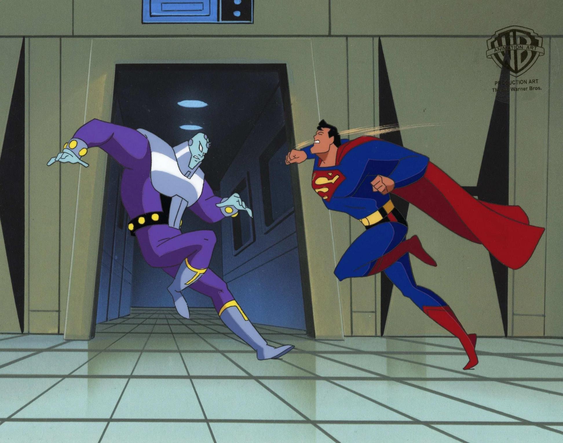 Superman Animated Series Original Cel/Background w/ Drawing: Superman, Brainiac - Art by DC Comics Studio Artists
