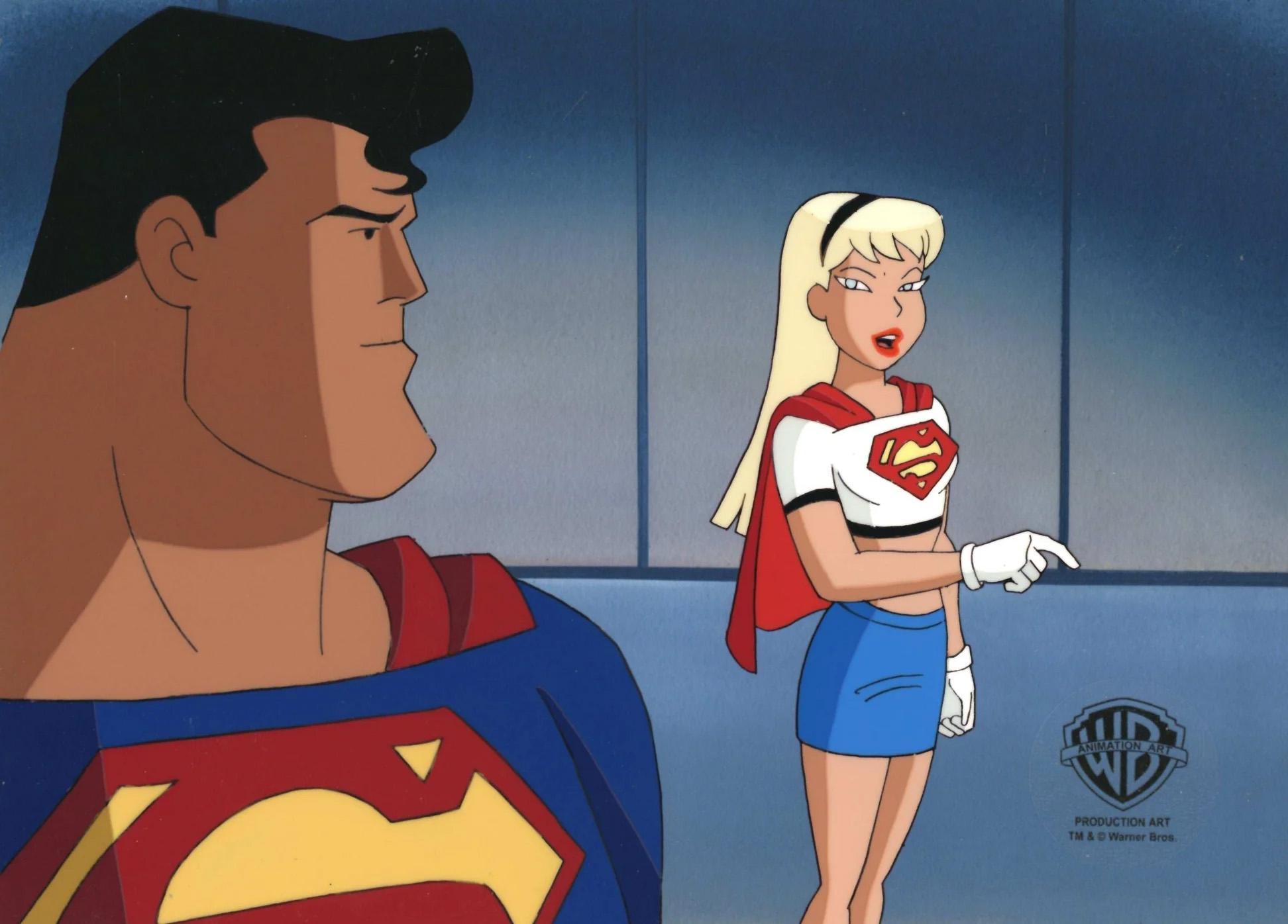 Superman Animated Series Original Cel with Drawing: Superman, Supergirl - Art by DC Comics Studio Artists