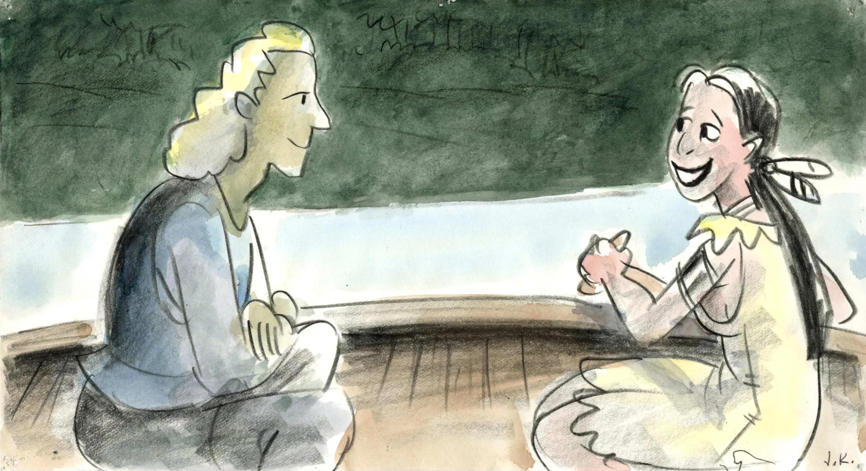 Pocahontas Storyboard: Pocahontas and John Smith - Art by Jorgen Klubien