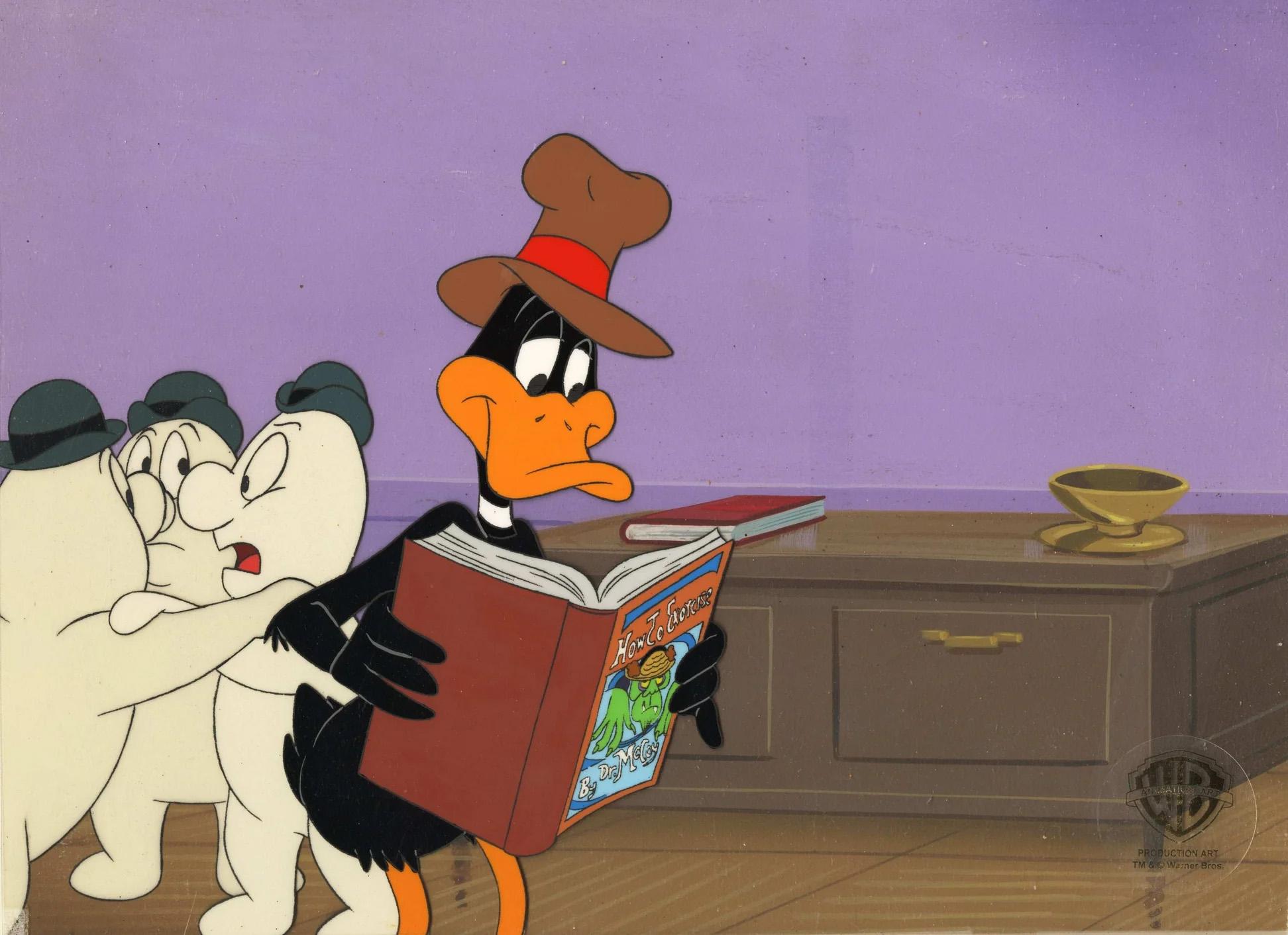 Quackbusters Original Production Cel on Original Background: Daffy Duck, Ghosts - Art by Looney Tunes Studio Artists
