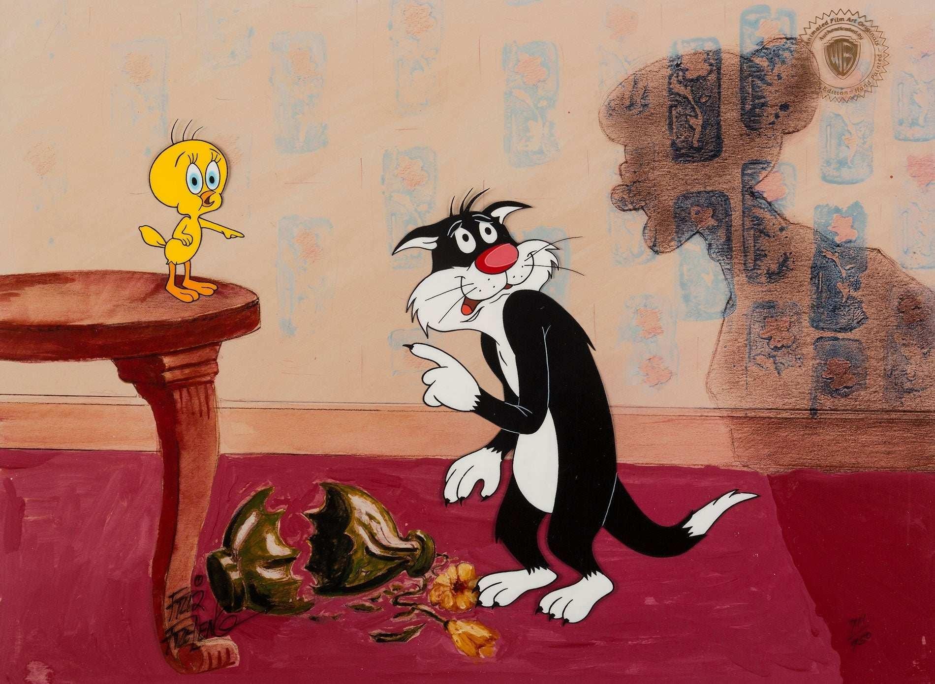 MEDIUM: Limited Edition Hand-Painted Cel
YEAR: 1990
IMAGE SIZE: 13.5" x 16.5"
DESIGNED AND SIGNED BY: Friz Freleng
SKU: FF1046 

ABOUT THE IMAGE: Who did it! Fingers are pointing both ways...Looks like Granny will have to figure it out on her own. 