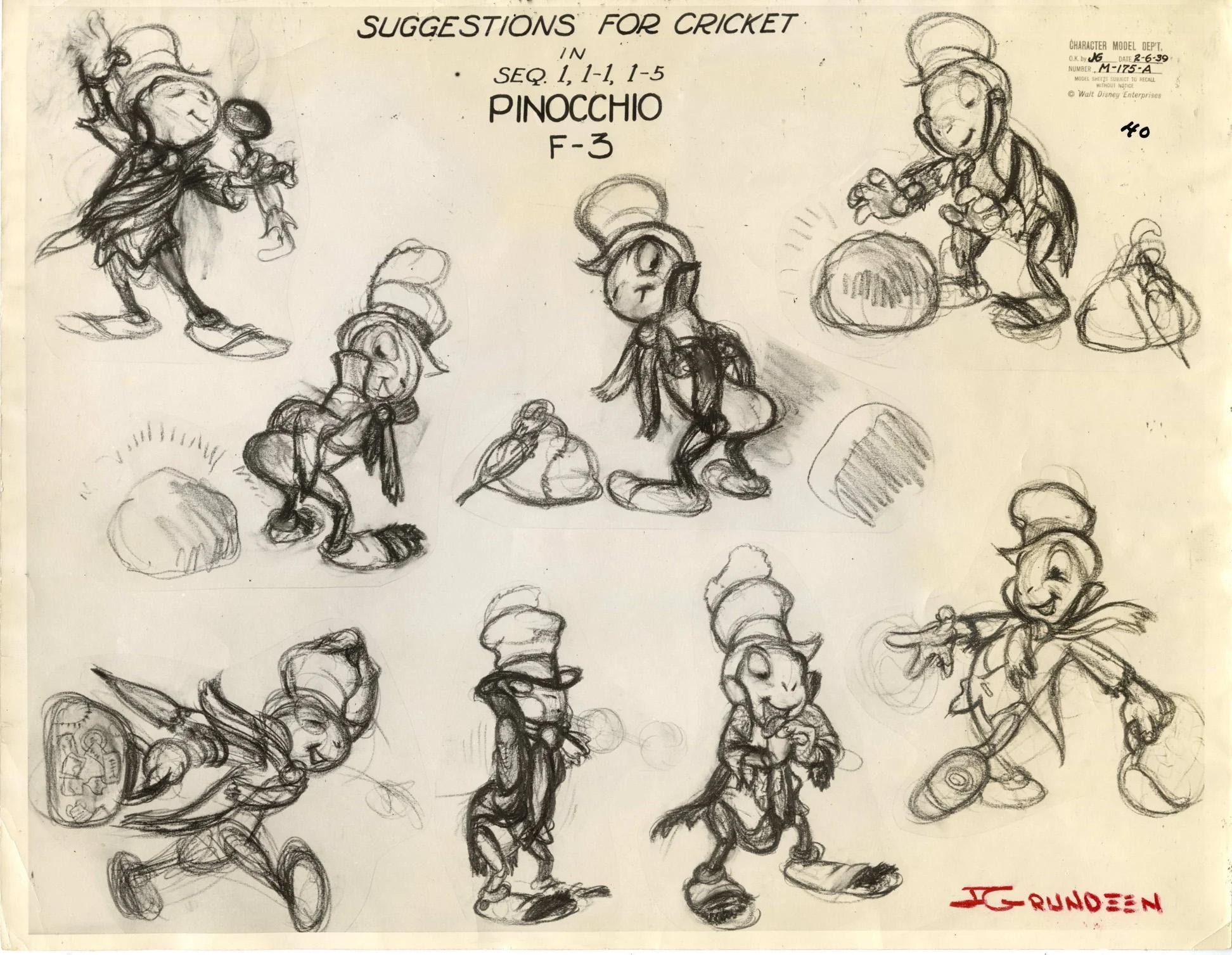 Pinocchio Original Production Model Sheet: Jiminy Cricket - Art by Walt Disney Studio Artists