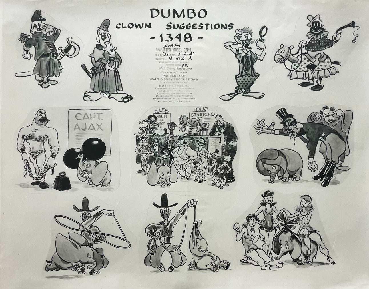 Dumbo Clown Suggestions Original Production Model Sheet - Art by Walt Disney Studio Artists