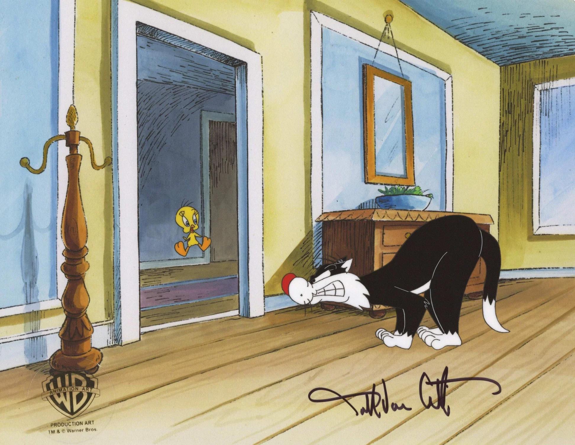 Looney Tunes Prod d'origine Cel : Sylvester, Tweety signé Darrell Van Citters