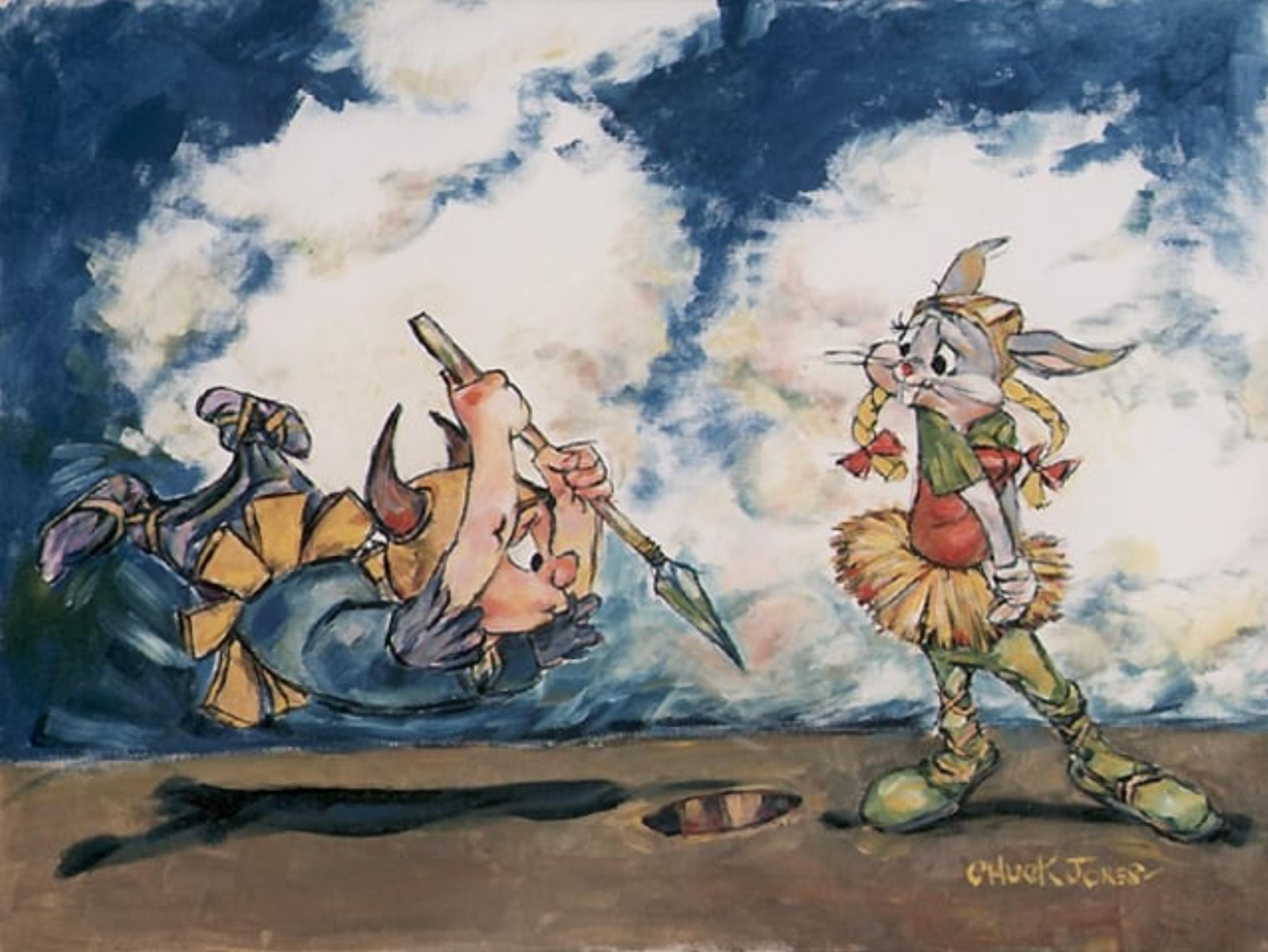 SPEAR AND MAGIC HELMET

MEDIUM: Giclee on Canvas
IMAGE SIZE: 18" x 24"
EDITION SIZE: 150
SKU: GICLEE-219

ABOUT THE IMAGE: Elmer Fudd trying to stab Bugs Bunny with a spear, but Bugs Bunny has on a magical helmet and is dressed like a woman.