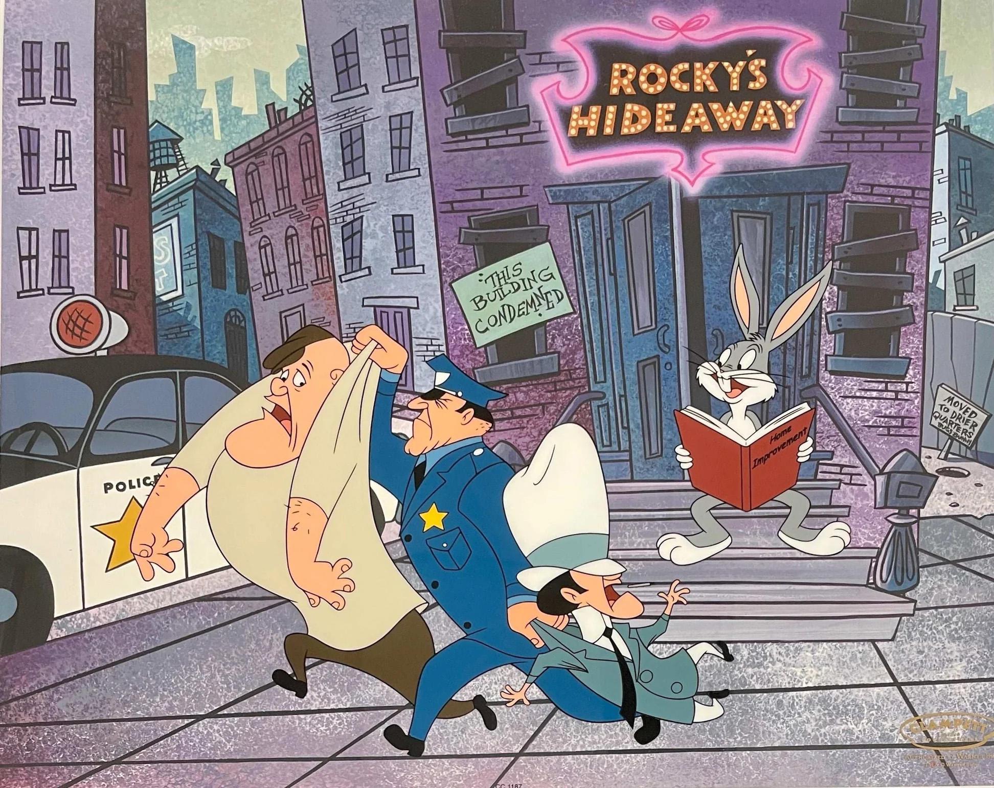 MEDIUM: Hand-painted Limited Edition Cel with Fine Art Gicleé Background
EDITION SIZE: 100 
SIZE: 13.5” x 16.5”
SKU: CC1187

Justice is served Bugs Bunny style in “Bugs’ Hideaway, once the rabbit infiltrates the mob, and takes over Rocky’s hideout.