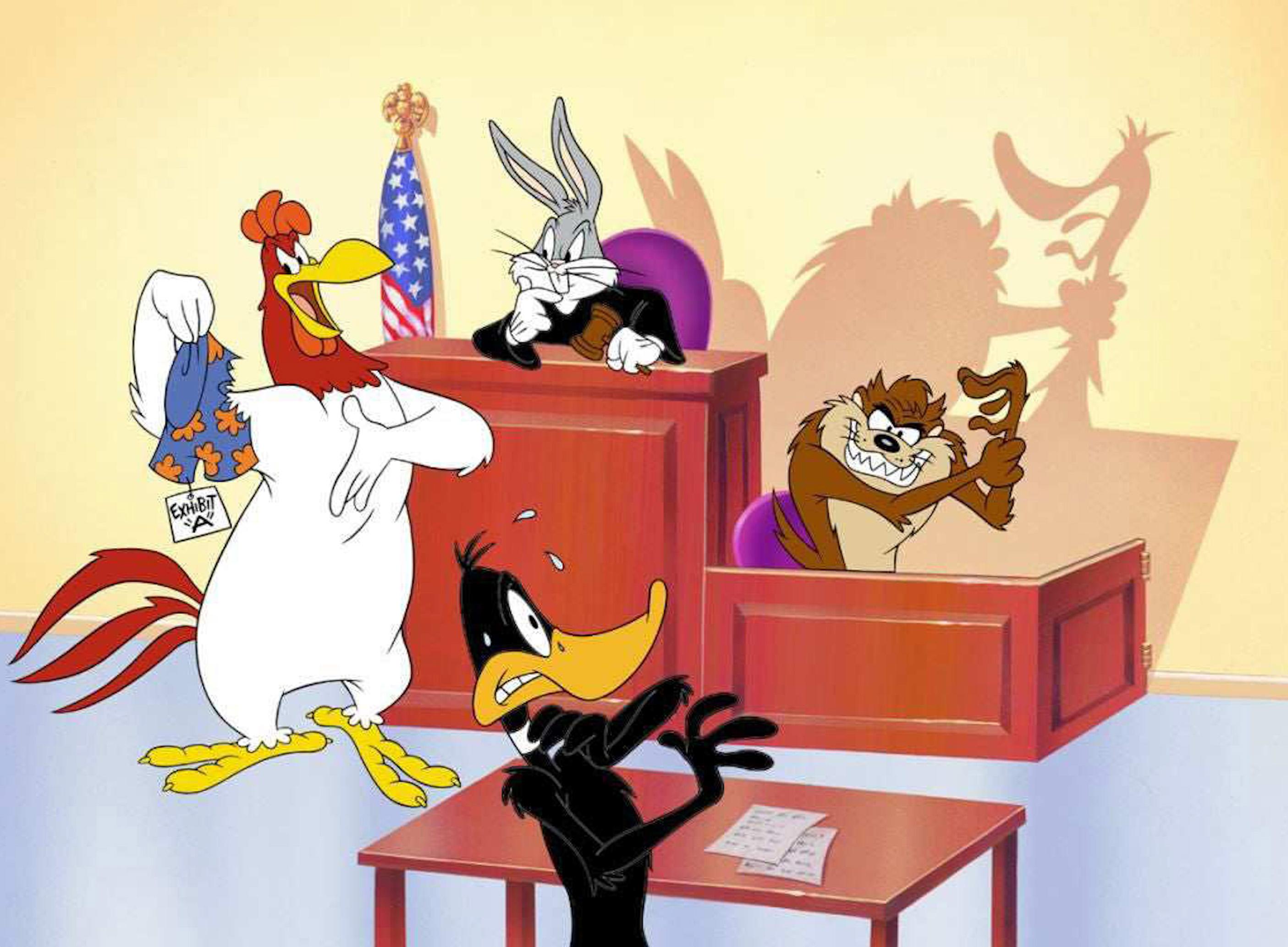 MEDIUM: Hand-Painted Limited Edition Cel with Fine Art Gicleé Background
EDITION SIZE: 100 
SIZE: 11.5” x 15.5”
SKU:  CC1227

Rendered by Juan Ortiz, Legal Briefs demonstrates a court of law in the Looney Tunes world, where nothing is quite that