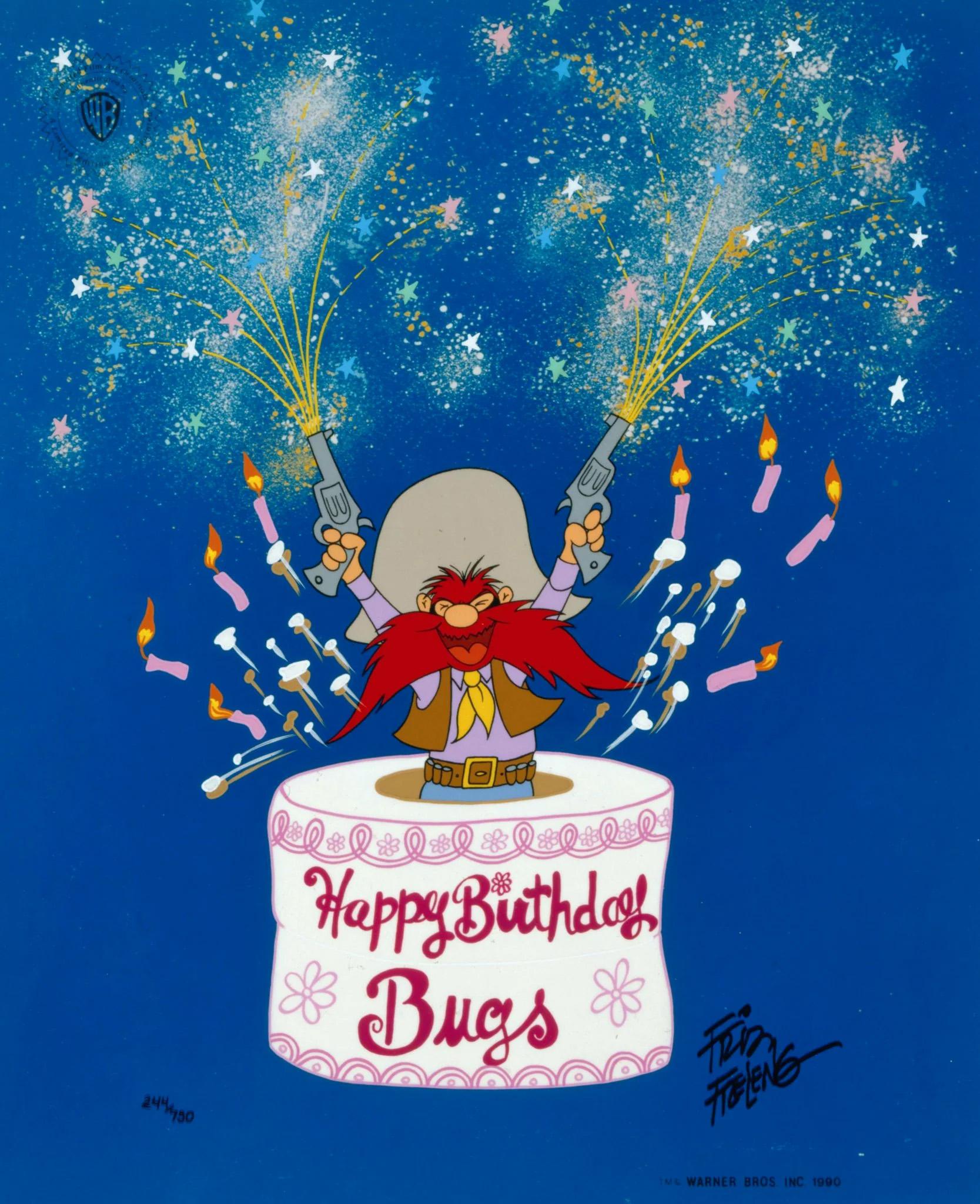 CELEBRATION

Signed by Friz Freleng

MEDIUM:  Limited Edition Cel
SIZE: 18" x 15"
EDITION SIZE: 750
ARTIST: Friz Freleng
SKU: FF1005

ABOUT THE IMAGE:  ﻿Yosemite Sam pops out of a birthday cake to wish Bugs a Root’n-Toot’n 50th Birthday, in this