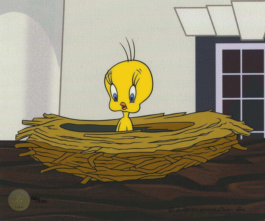 NO BARKING

MEDIUM:  Limited Edition Cel
IMAGE SIZE: 12 Field
EDITION SIZE: 200
SKU: 82861
SIGNED BY: June Foray

ABOUT THE IMAGE: Tweety Bird looks surprised while sitting in a nest on a roof. 