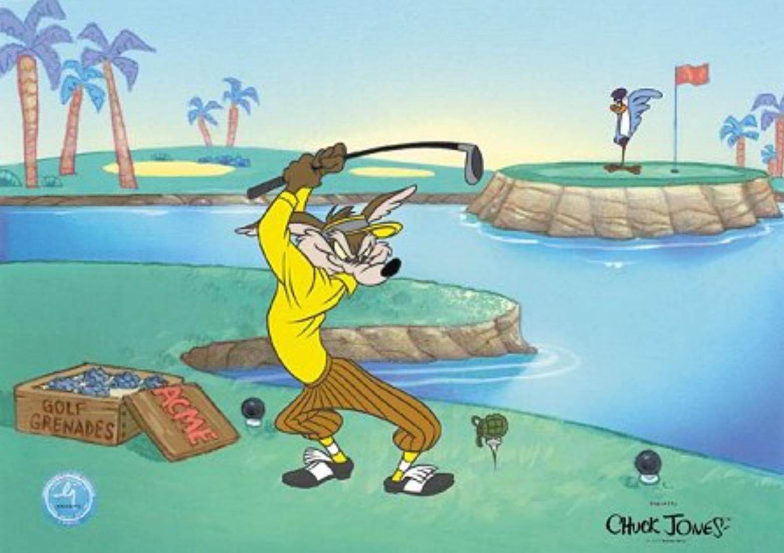FORE! 3, 2, 1...

MEDIUM: Sericel
EDITION SIZE: 2001
SKU: SC00025

ABOUT THE IMAGE: The motivated Wile E. Coyote on a golf course aiming a black golf ball at Road Runner, who is on the grass across the water. 