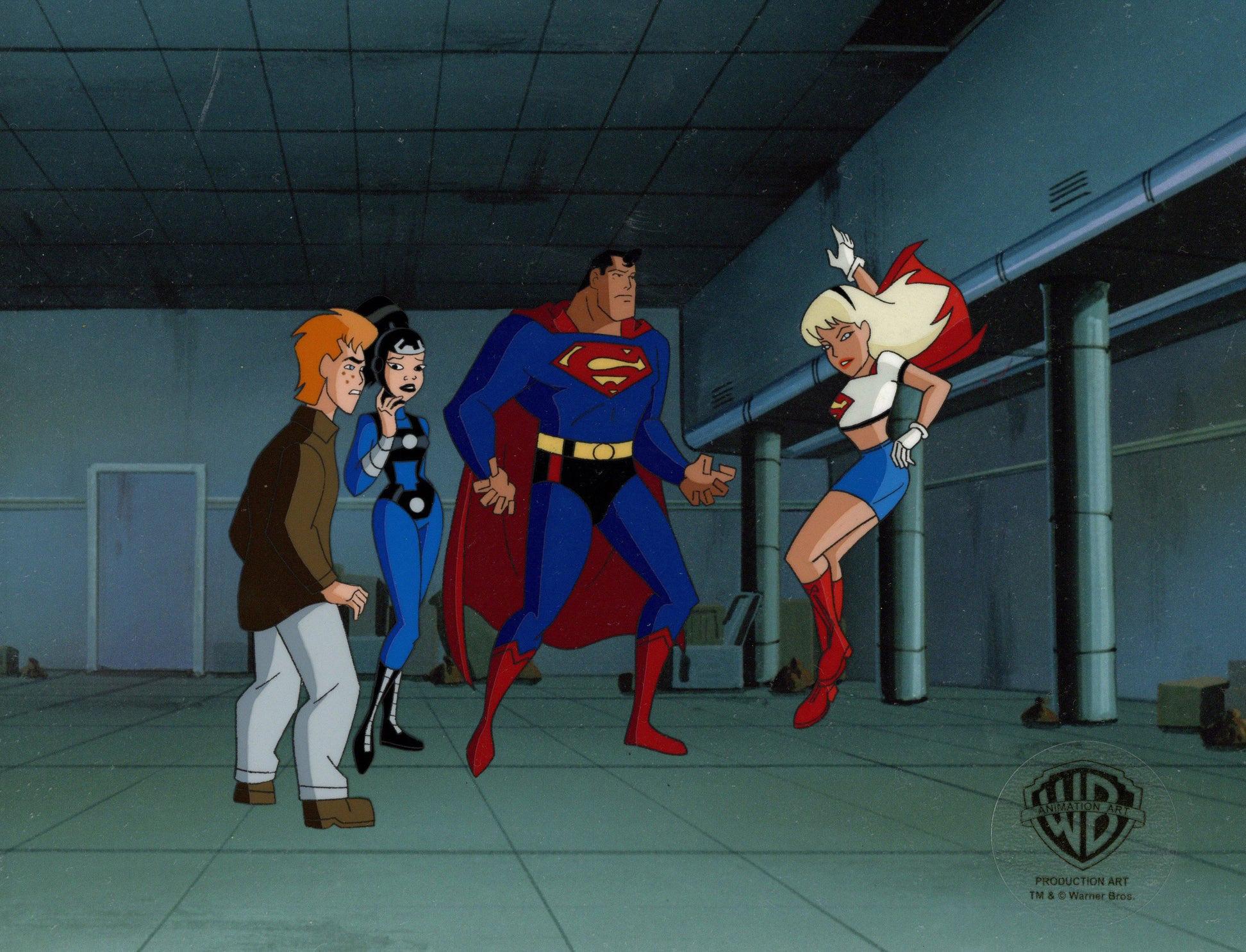 Serie animata di Superman, produzione originale. Cel: Superman, Supergirl, Lashina, Jimmy - Art di DC Comics Studio Artists