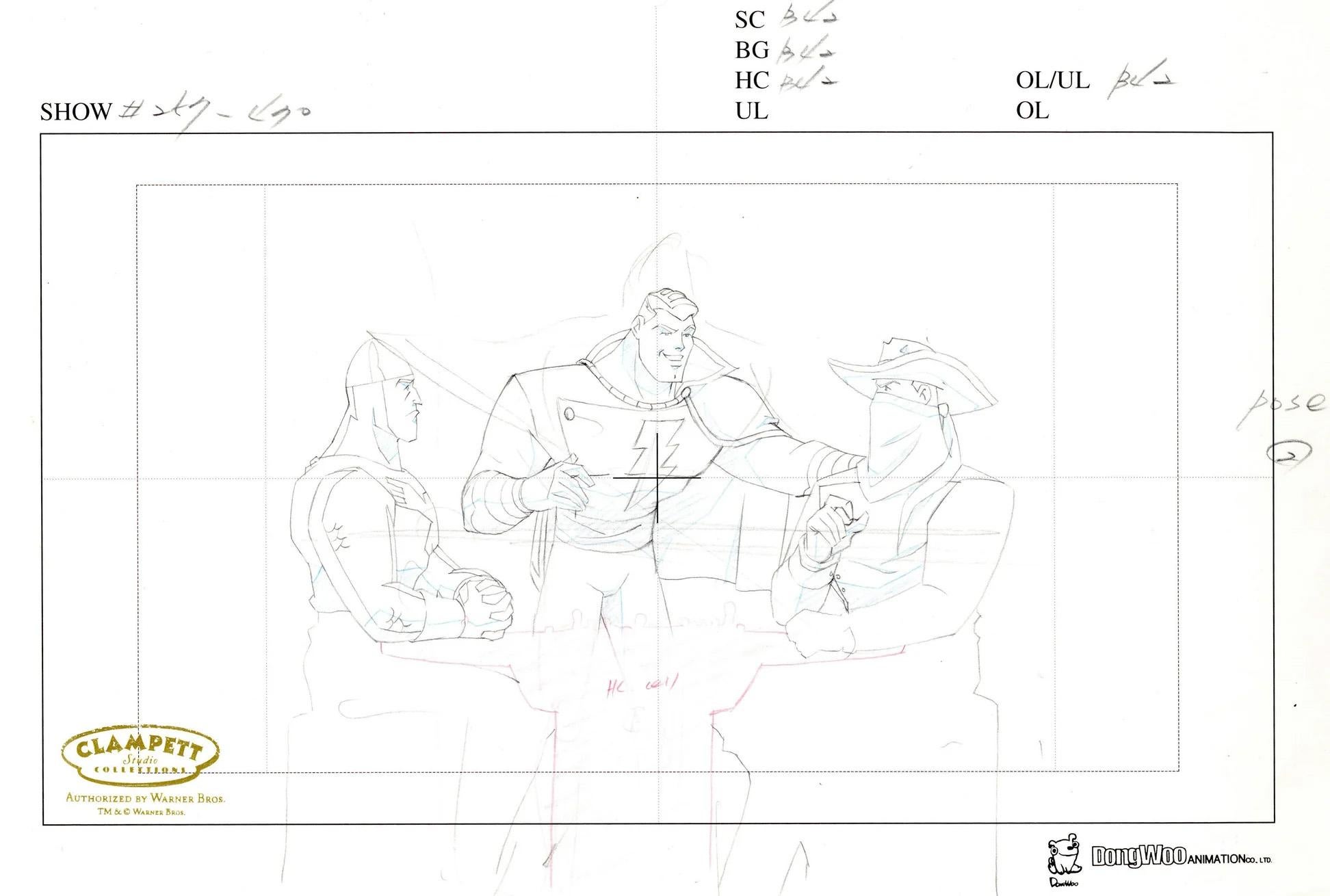 Dibujo original de producción de la Liga de la Justicia: Caballero Brillante, Vigilante, Shazam - Art de DC Comics Studio Artists