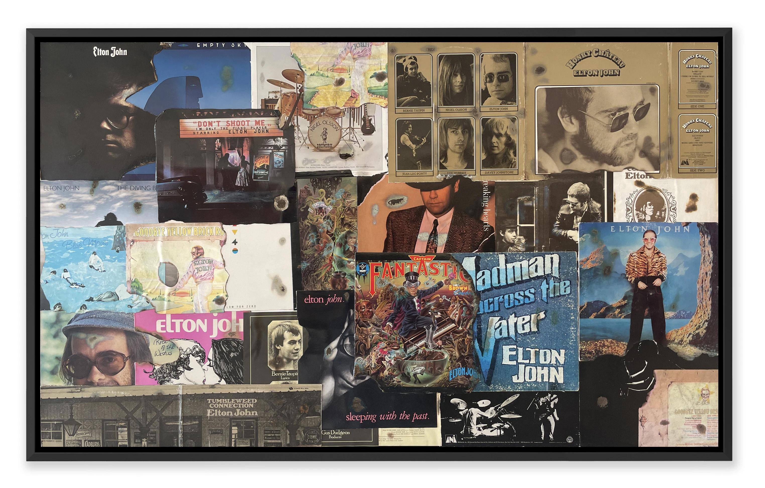 MEDIUM: Original Vinyl Records Collage, Used for Monoprints
IMAGE SIZE: 36" x 48"
SKU: BT0020

"Vinyl Covers" unites various Elton John records into a single captivating artwork, celebrating their iconic collaboration while highlighting Taupin's