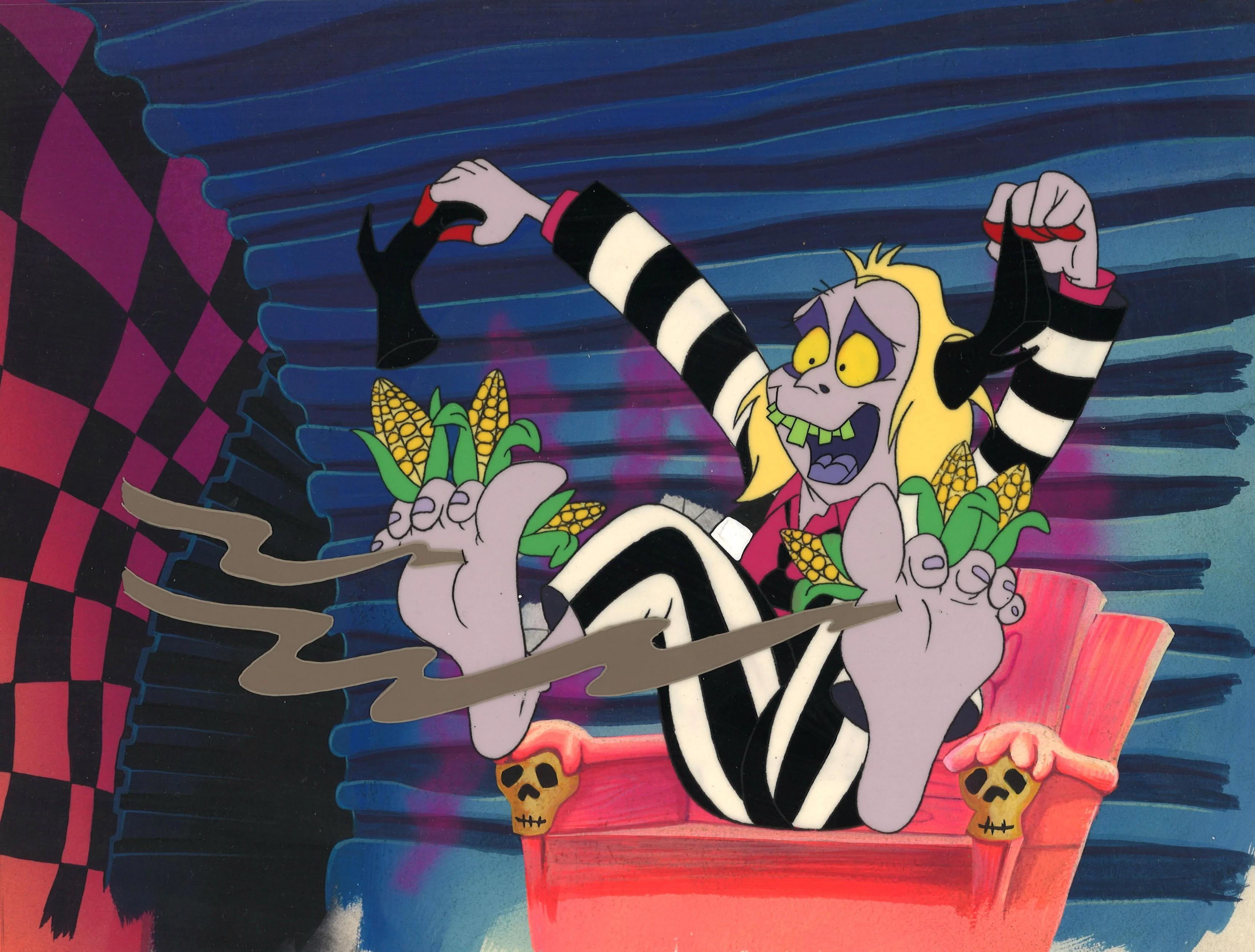 Beetlejuice Animated Original Prod Cel and Background w/ Drawing: Beetlejuice - Art by Warner Bros. Studio Artists