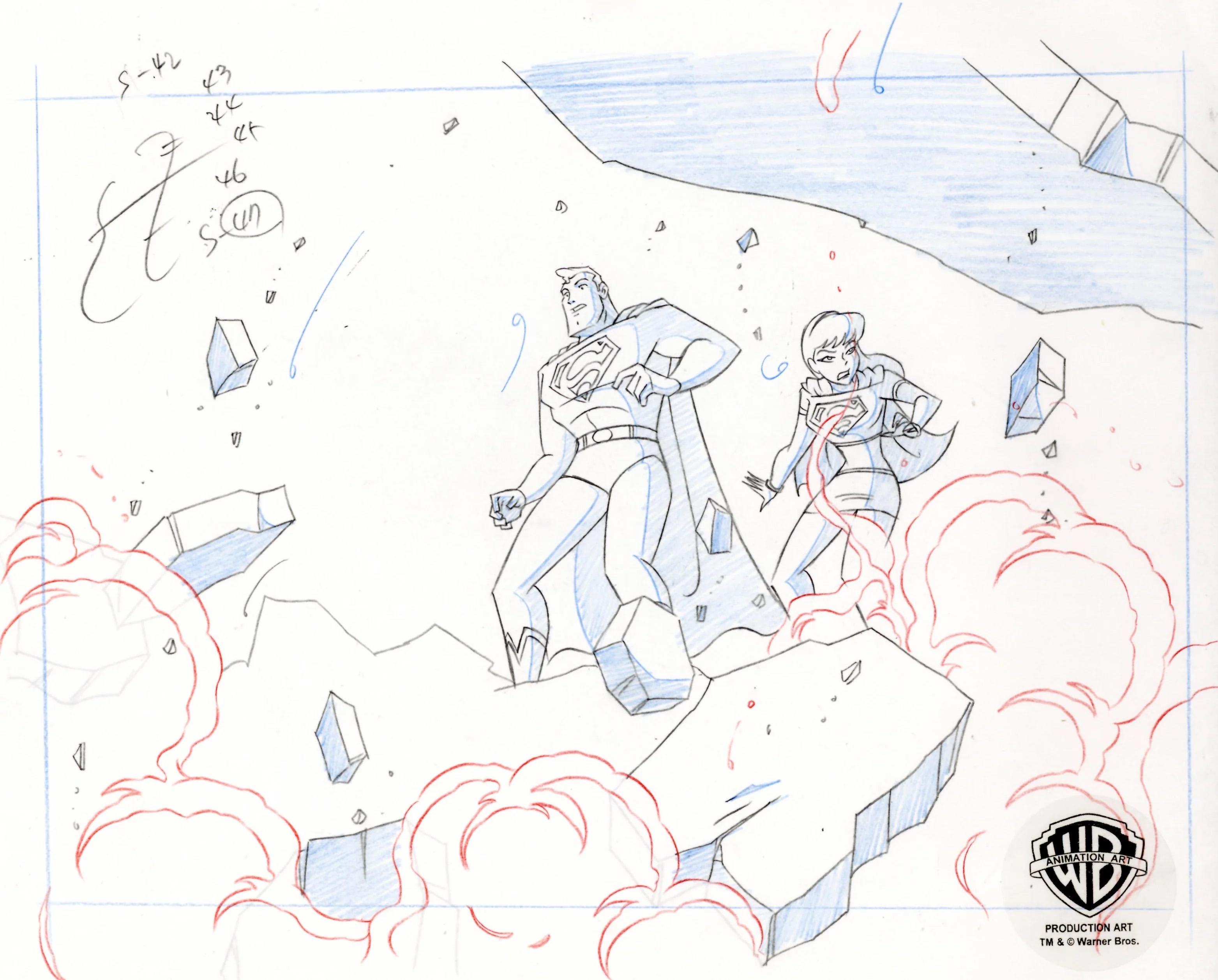 Superman the Animated Series Original Production Drawing: Superman and Supergirl - Art by DC Comics Studio Artists