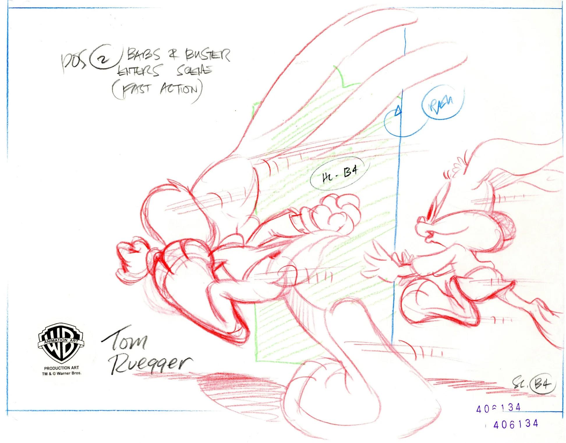 Tiny Toons Original Production Drawing Layout Signed Tom Ruegger: Buster, Babs - Art by Warner Bros. Studio Artists