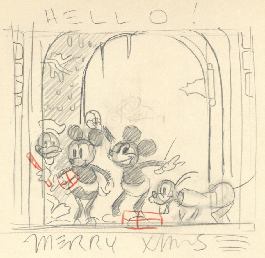 Original Walt Disney Christmas Card Concept: Mickey, Minnie, Donald, Pluto - Art by Walt Disney Studio Artists