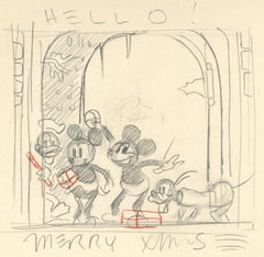 Original Walt Disney Christmas Card Concept: Mickey, Minnie, Donald, Pluto