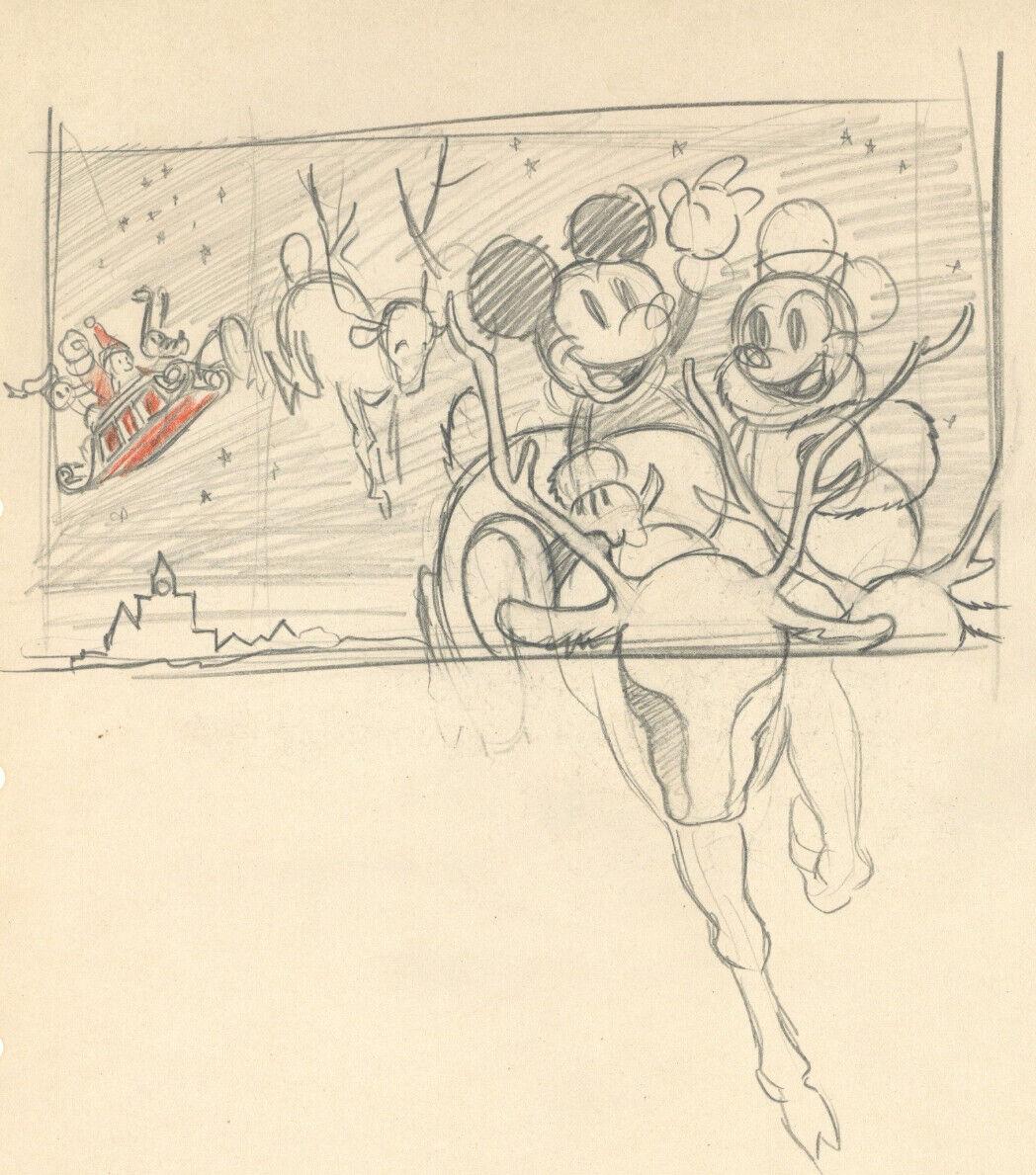 Original Walt Disney Christmas Card Concept: Mickey, Minnie - Art by Walt Disney Studio Artists
