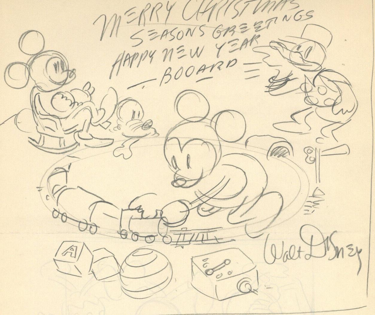 Original Walt Disney Christmas Card Double Sided: Mickey, Minnie, Donald, Pluto - Art by Walt Disney Studio Artists