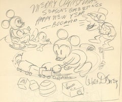 Original Walt Disney Weihnachtskarte, doppelseitig bedruckt: Mickey, Minnie, Donald, Pluto