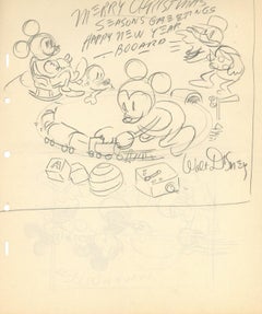 Original Walt Disney Christmas Card Double Sided: Mickey, Minnie, Donald, Pluto